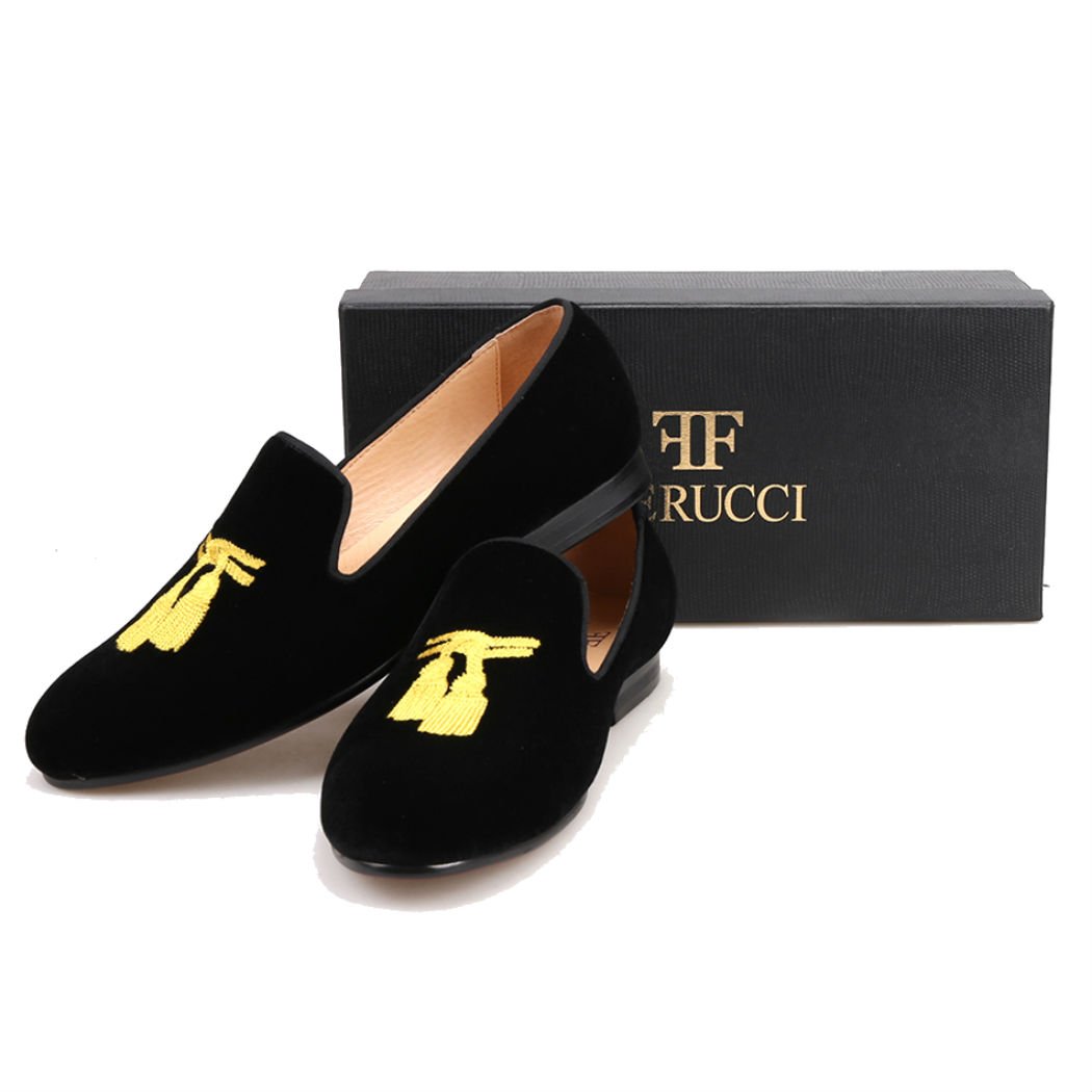 FERUCCI Men's Black Velvet Loafers with Gold Embroidered Tassel - Comfortable House Slippers for Indoor/Outdoor Wear, Perfect Gift for Dad & Husband