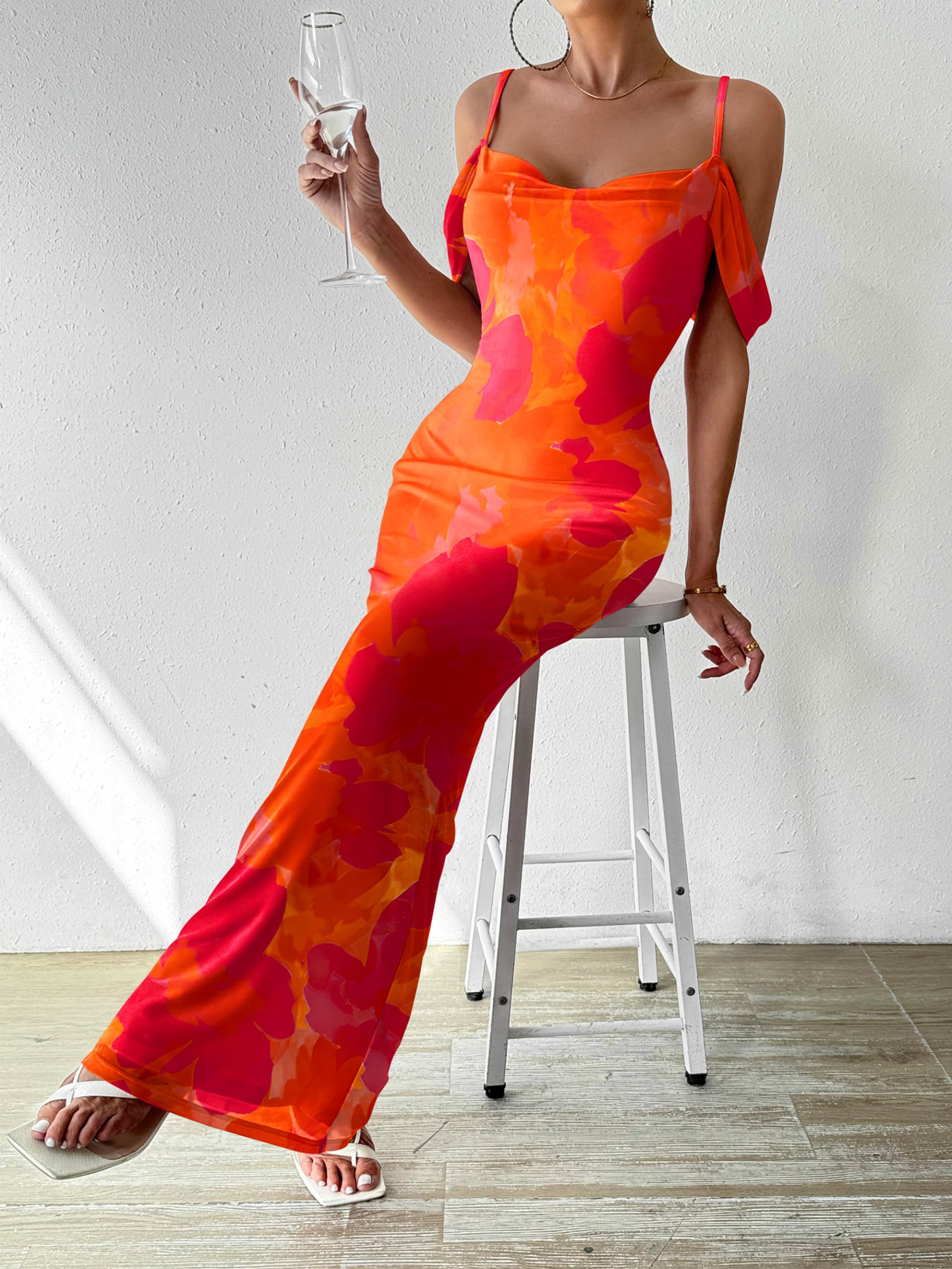 MASCOMODA Women's Floral Spaghetti Strap Long Maxi Dress - Sexy Backless Bodycon Formal Gown for Wedding Guest, Summer Party & Evening Occasions 2025