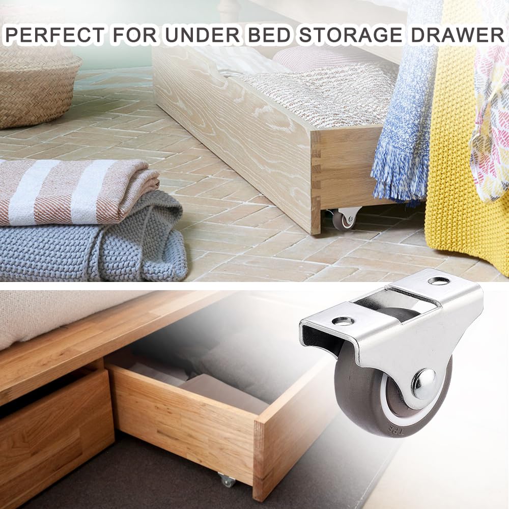 8Pcs 1 Inch Mini Caster Wheels - Low Profile Small Rubber Wheels with Steel Plate, Rigid Fixed Non-Swivel Casters for Furniture, Under Bed Storage Drawers & DIY Projects - Perfect for Smooth Mobility in Tight Spaces