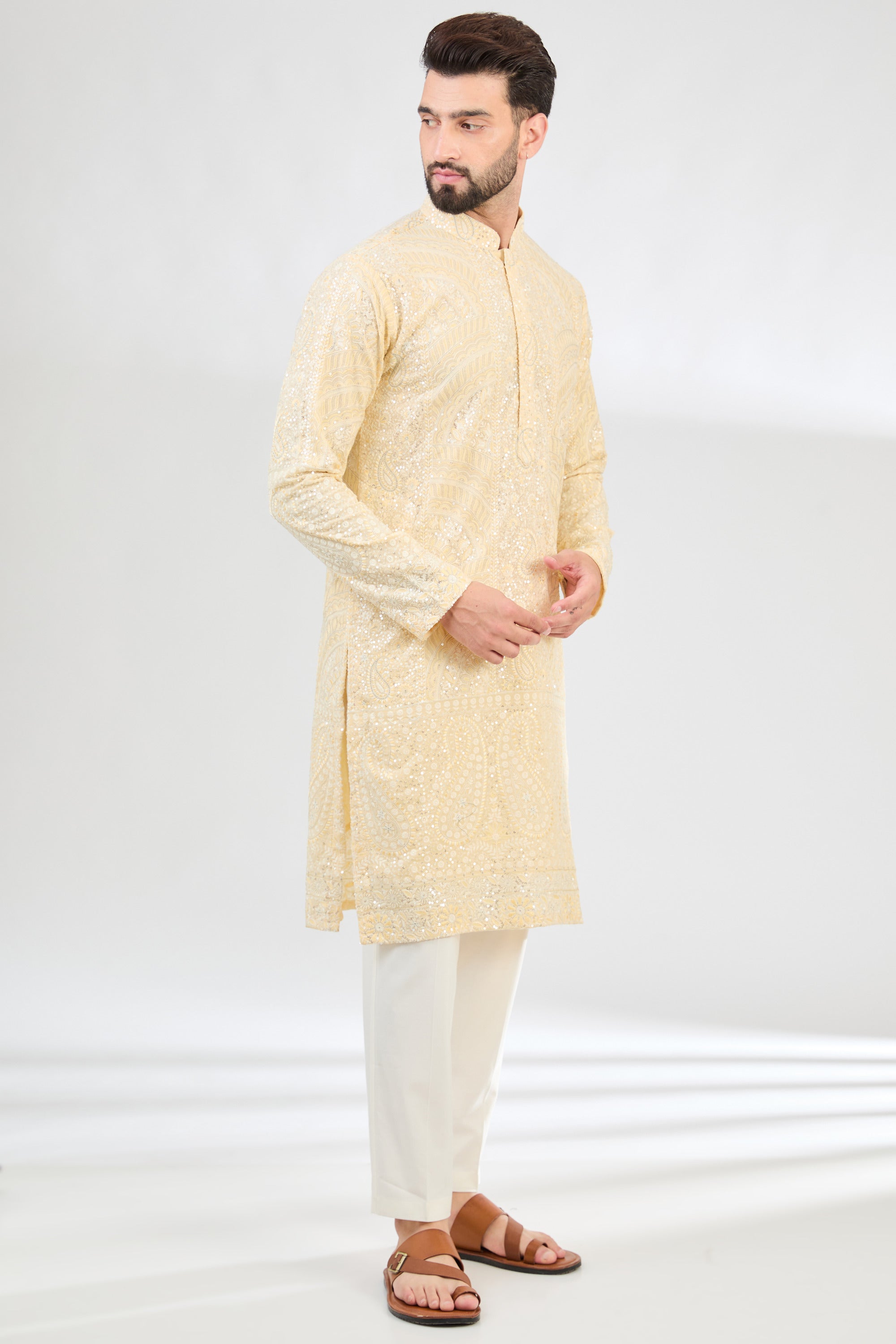 Elegant Lemon Yellow Chikankari Kurta with Intricate Paisley Motifs - Perfect for Festivals, Weddings & Ethnic Fashion