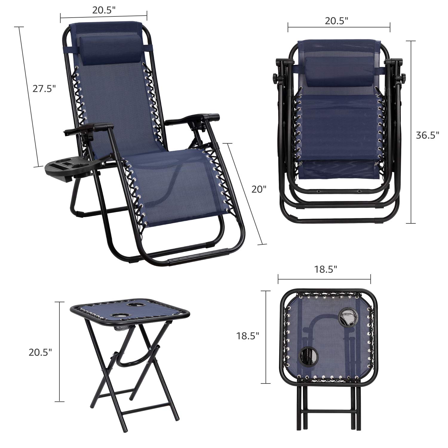 **Devoko Zero Gravity Chair - Outdoor Folding Recliner with Side Table & Pillow - Perfect for Poolside, Patio, Lawn, and Backyard Relaxation (Deep Blue)**