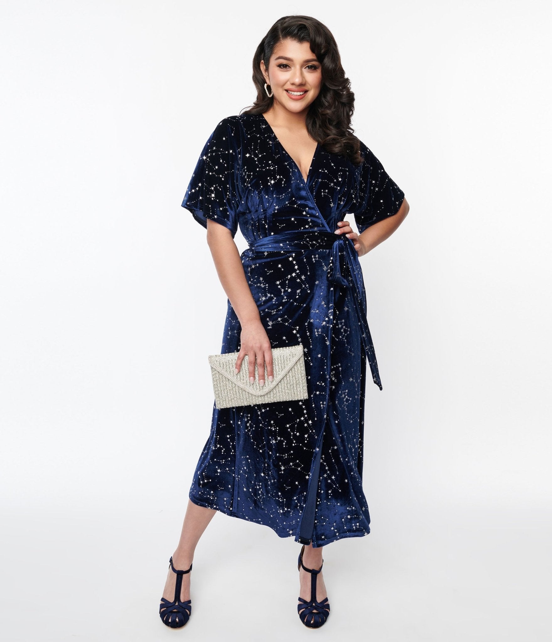 Vintage 1970s Navy Blue & Silver Stars Velvet Wrap Midi Dress - Retro Party, Holiday Outfit, Christmas Dinner, Special Occasion Formal Wear