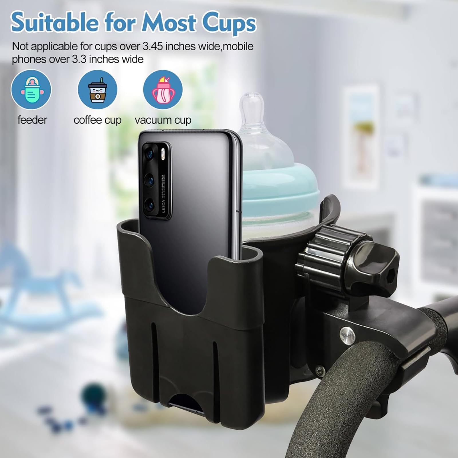 Adjustable Cup Holder with Phone Stand for Stroller, Scooter, Wheelchair, Walker & Bike - Universal Drink Holder for Mobility Devices (Black) - Perfect for Outdoor Activities, Commuting & Travel