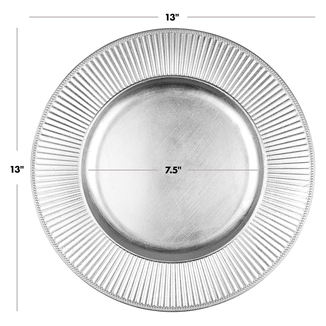 Koyal Wholesale 4-Pack Silver Ribbed Charger Plates - French Style Ornate Dinnerware for Rustic Farmhouse Table Decor - Perfect for Weddings, Parties & Holiday Dining