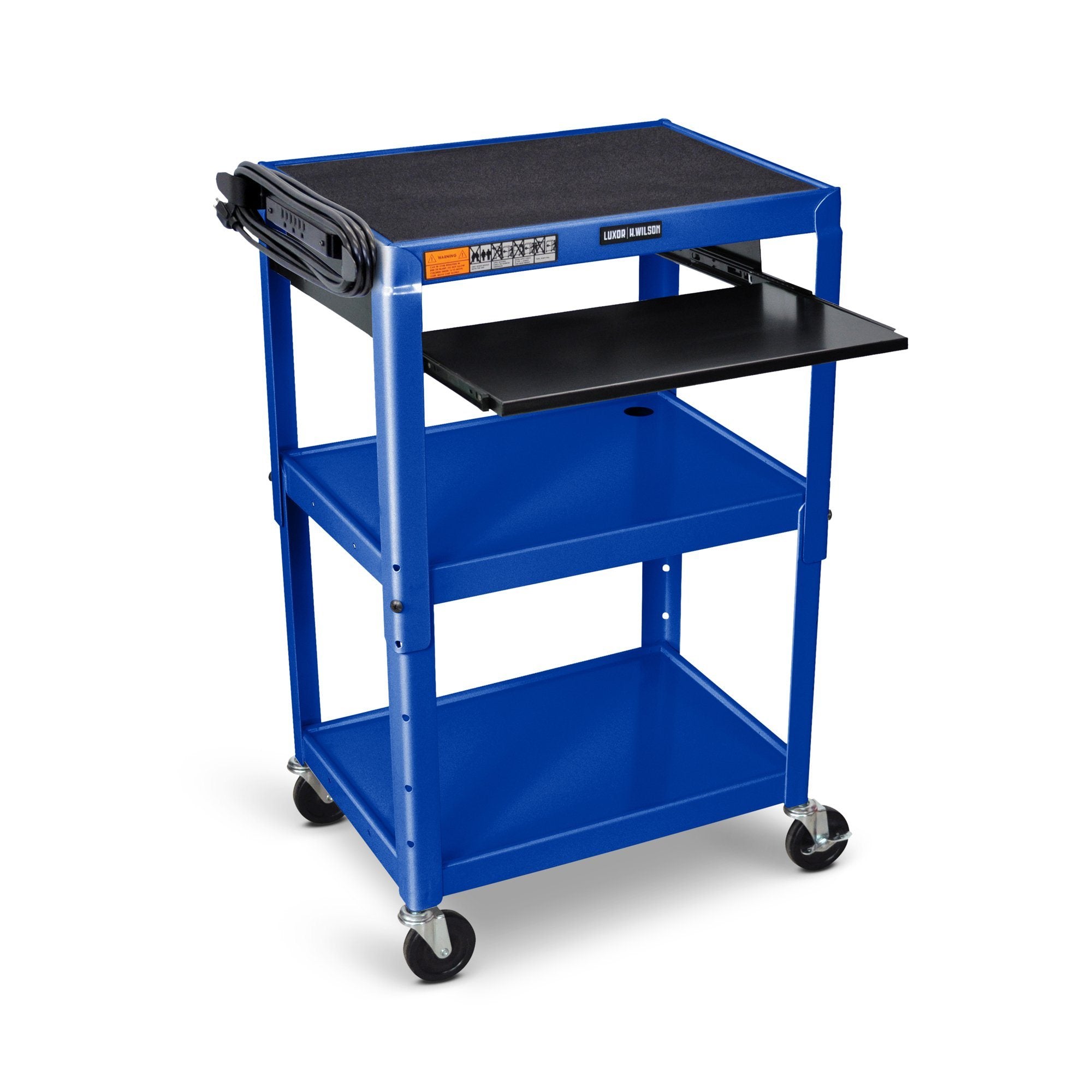 Luxor Adjustable Height Blue Metal AV Cart with Pullout Keyboard Tray - Perfect for Classrooms, Offices & Home Workspaces