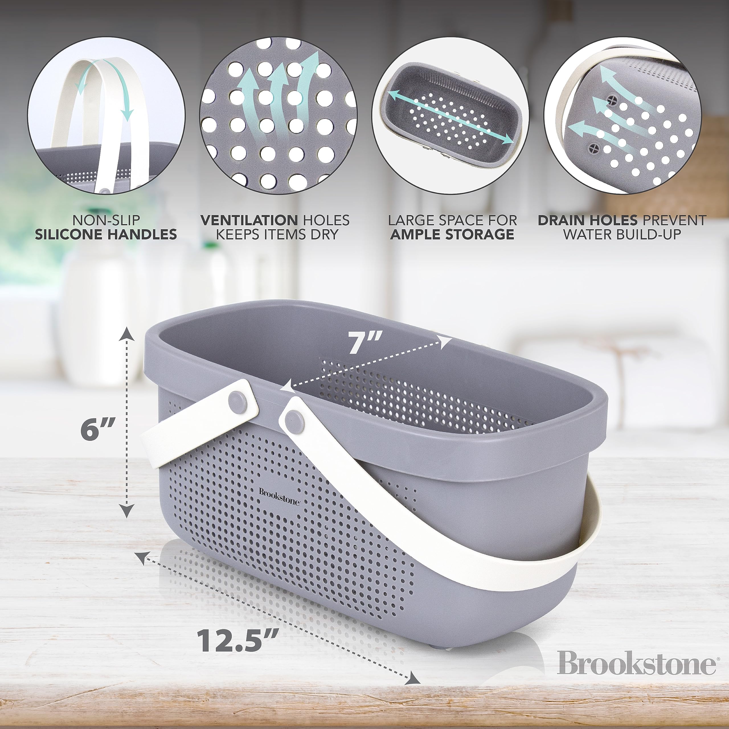 Brookstone BKH1633 Large Portable Shower Caddy - BPA Free Bathroom Organizer with Soft Silicone Handle, Quick-Dry Plastic Bath Tote Basket with Drainage Holes - Perfect for Shower, Bath, and Travel Storage (Gray)