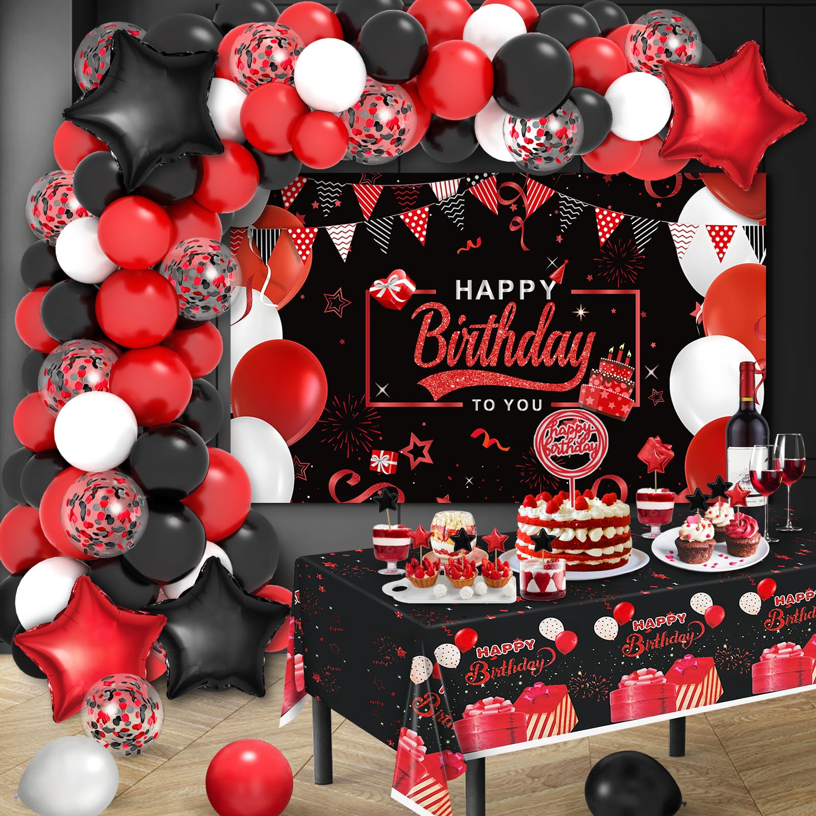 Red and Black Birthday Party Decorations Kit for Men, Women, Boys & Girls - Includes Balloon Arch, Garland, Happy Birthday Backdrop, Star Foil Balloons, Cake Toppers & Tablecloth | Perfect for Adult Birthday Parties, Gender Reveals & Anniversary Celebrations