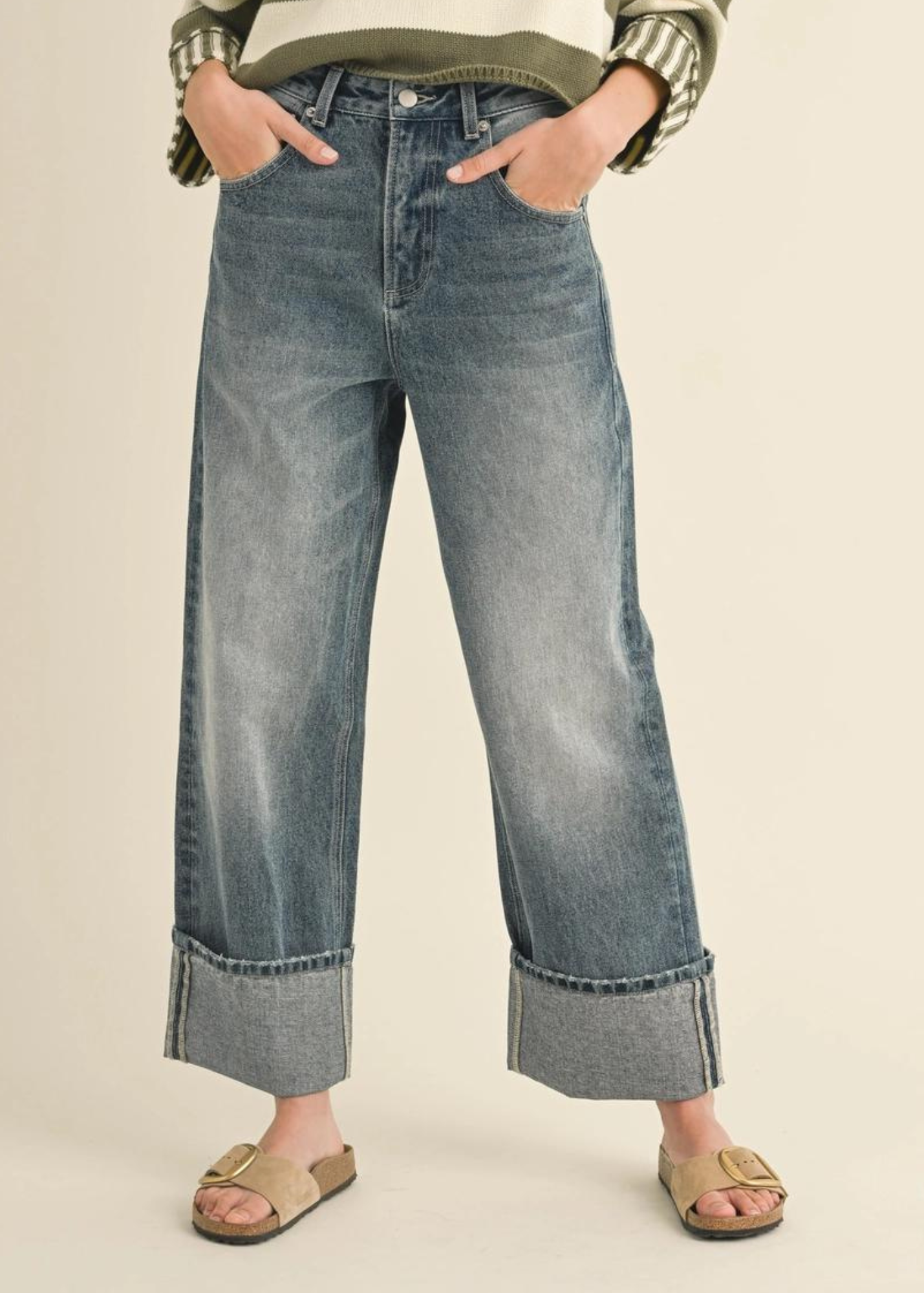 Straight Leg Cuffed Denim Jeans for Women - Classic Blue Distressed Denim Pants - Perfect for Casual Wear, Office & Street Style