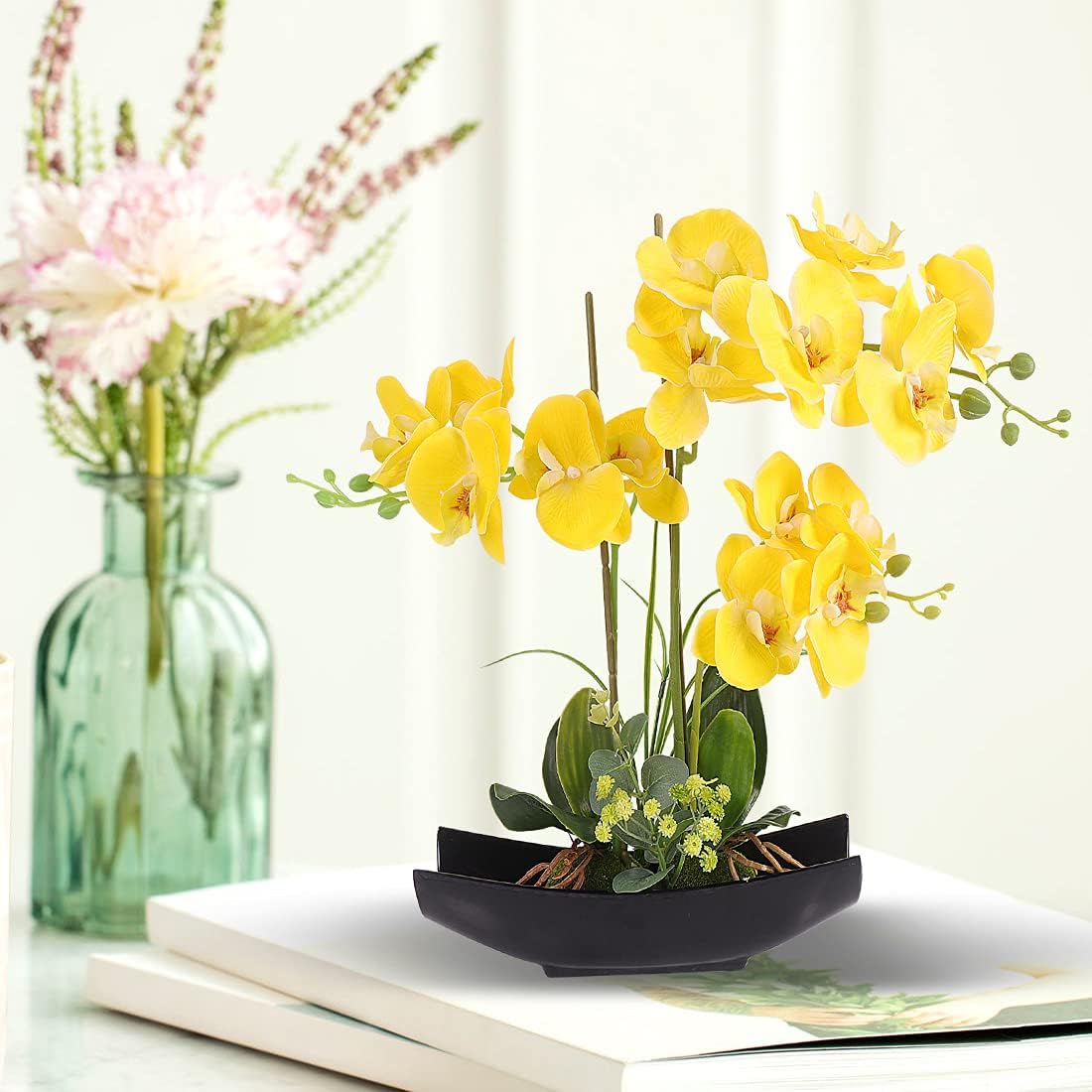YOBANSA Real Touch Silk Orchid Artificial Flowers in Pot - Lifelike Phalaenopsis Fake Orchid Arrangement for Home Decor (Yellow) | Perfect for Living Room, Office & Wedding Centerpieces