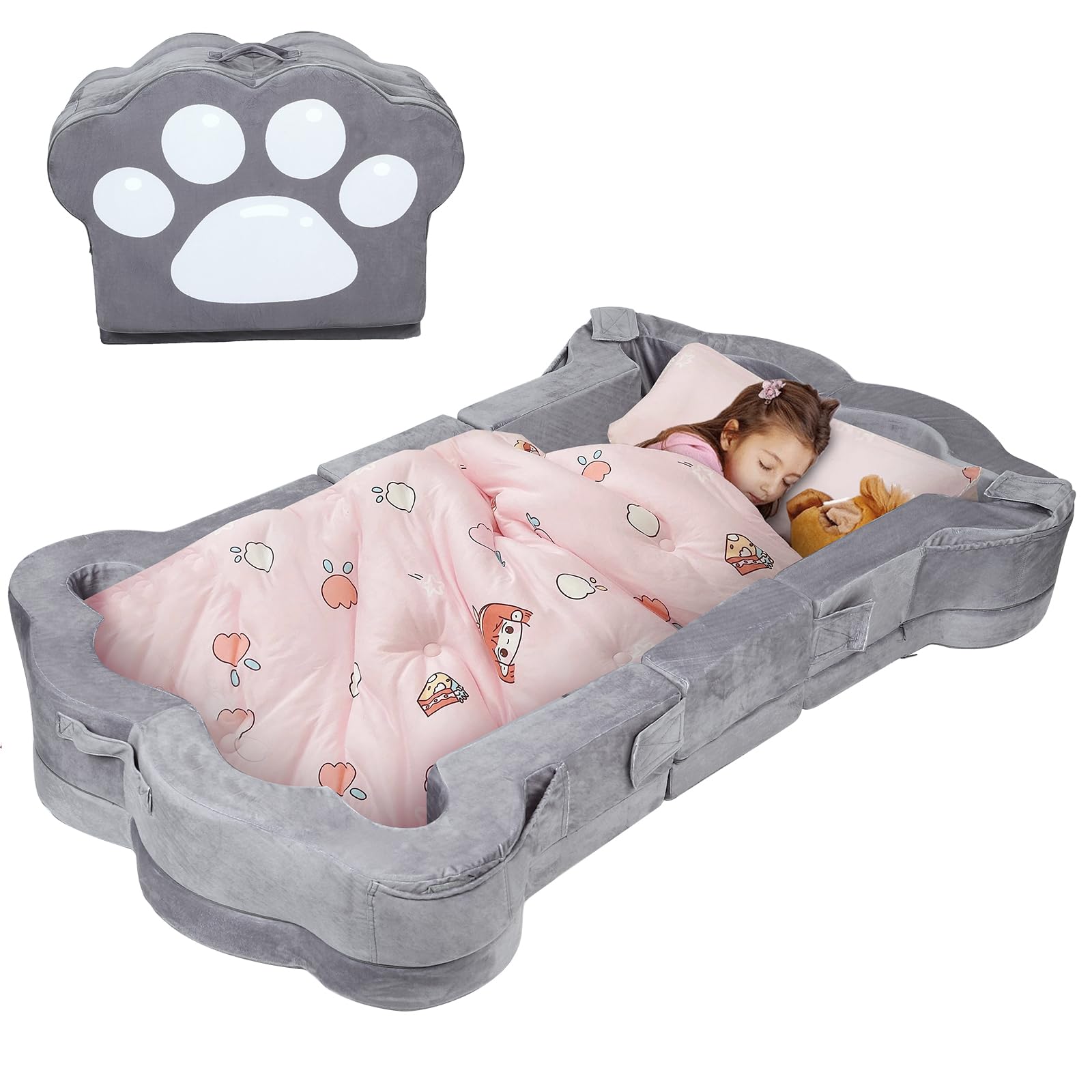 Portable Foldable Toddler Travel Bed for Kids 1-5 Years - Soft, Safe & Lightweight Floor Bed for Home & Camping (Grey)