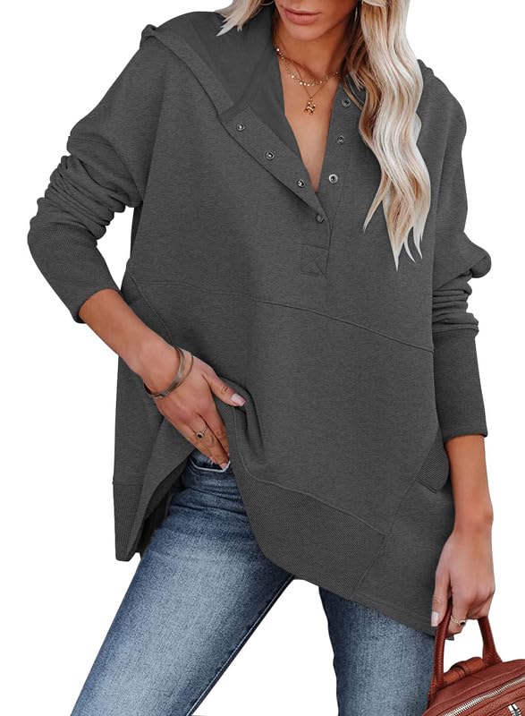 BETTE BOUTIK Women's Casual Button V-Neck Hoodie - Oversized Pullover Sweatshirt with Pockets | Cozy Loungewear for Fall & Winter | Perfect for Home, Work & Outdoor Activities