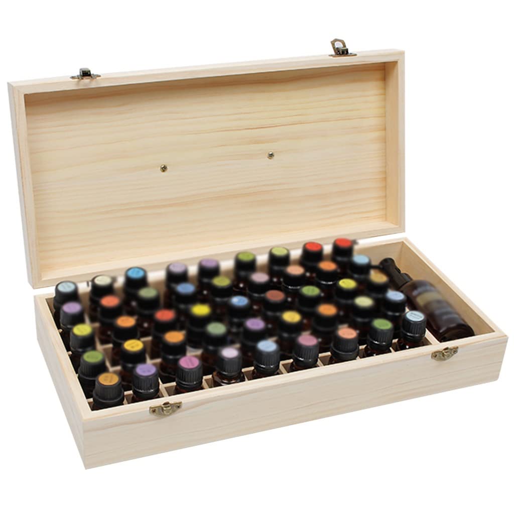Wooden Essential Oil Display Stand - 46 Slot Aromatherapy Storage Box, 37.5x18.2x6.5cm Beige Organizer for Home Spa, Yoga Studio & Bathroom Décor