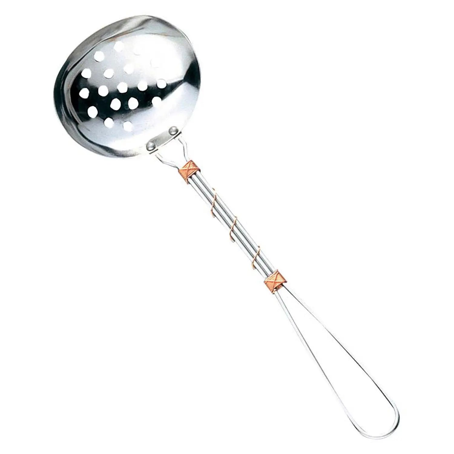 Premium EBM Stainless Steel Perforated Ladle with Copper Wired Handle - Perfect for Straining Pasta, Soup, and Deep Frying in Professional & Home Kitchens