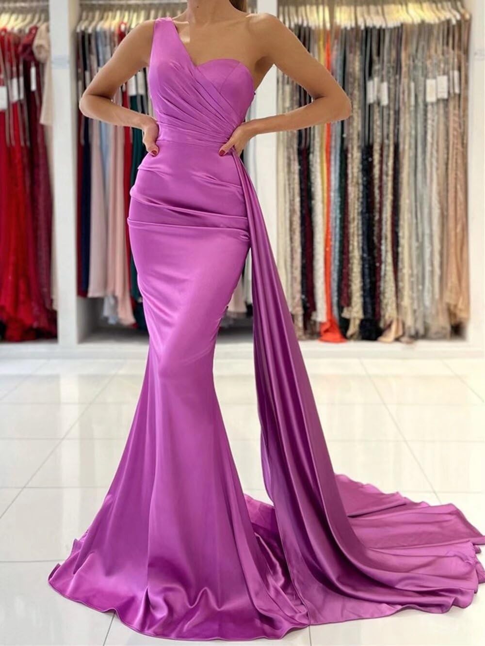 Elegant One Shoulder Prom Dresses Long Mermaid Satin Bridesmaid Gowns for Women - Formal Evening Dresses with Train for Weddings, Galas & Special Occasions