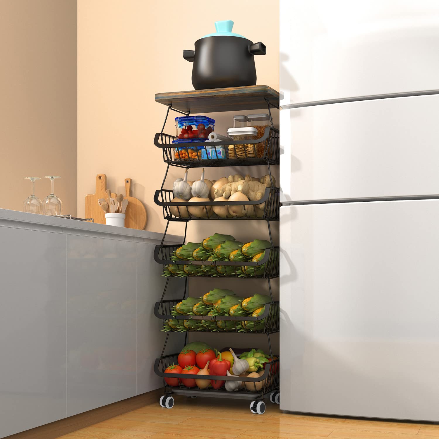 BEEY 6-Tier Kitchen Storage Cart with Rolling Wheels & Wood Tabletop - Stackable Fruit & Vegetable Basket Organizer for Pantry, Bathroom, Garage - Perfect for Home, Office, and Commercial Use