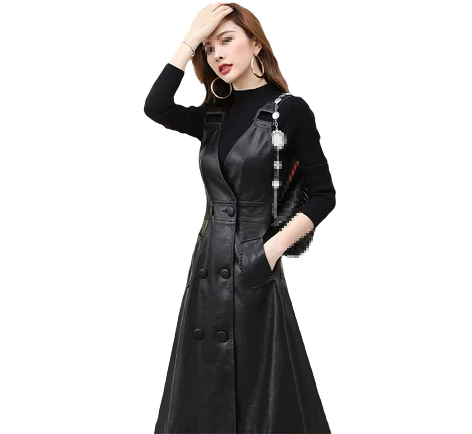 Elegant Women's Summer Long PU Leather Dress - Korean Style Strap Midi Faux Leather Dress for Office, Party & Date Night Outfits