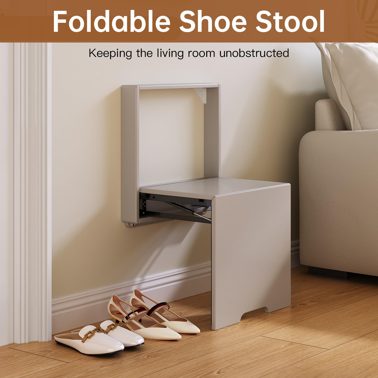 Space Saving Wall Mounted Shoe Changing Stool - Foldable Entryway Stool Chair in Tea Grey | Perfect for Small Hallways, Mudrooms & Closet Organization