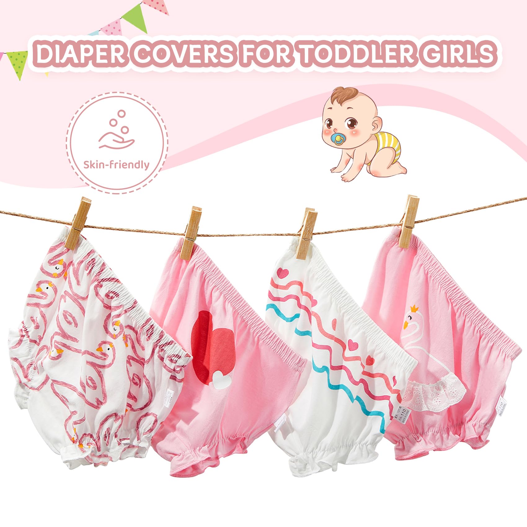 4Pcs Cute Cotton Diaper Covers for Baby Girls - Soft Bloomers with Ruffle Trim - Toddler Girl Shorts for Everyday Wear, Playtime & Photo Shoots