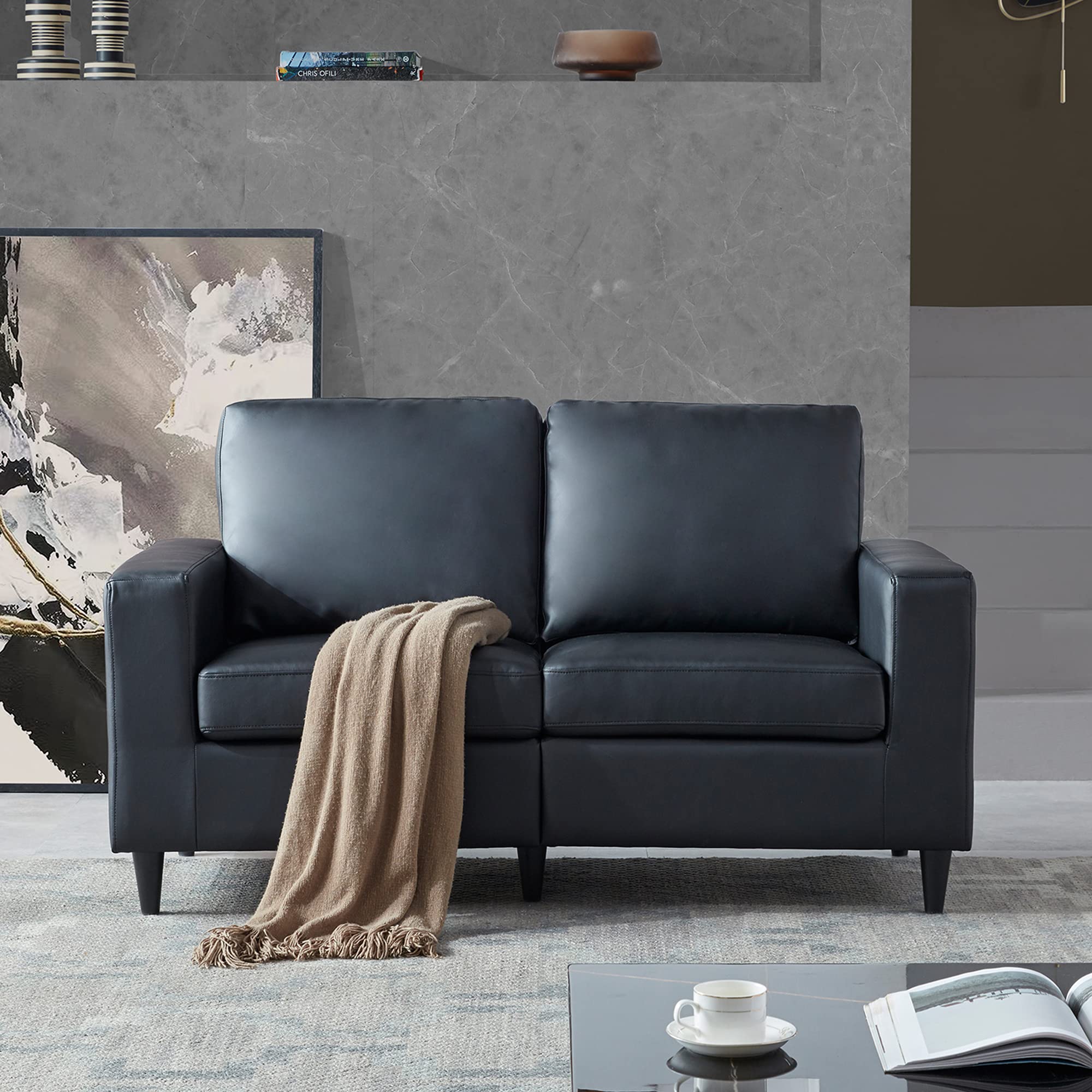 Merax PU Leather Loveseat Sofa Set - Modern Upholstered Couch for Living Room, Office & Small Spaces (Black) | Perfect for Apartments, Dorms & Cozy Home Decor