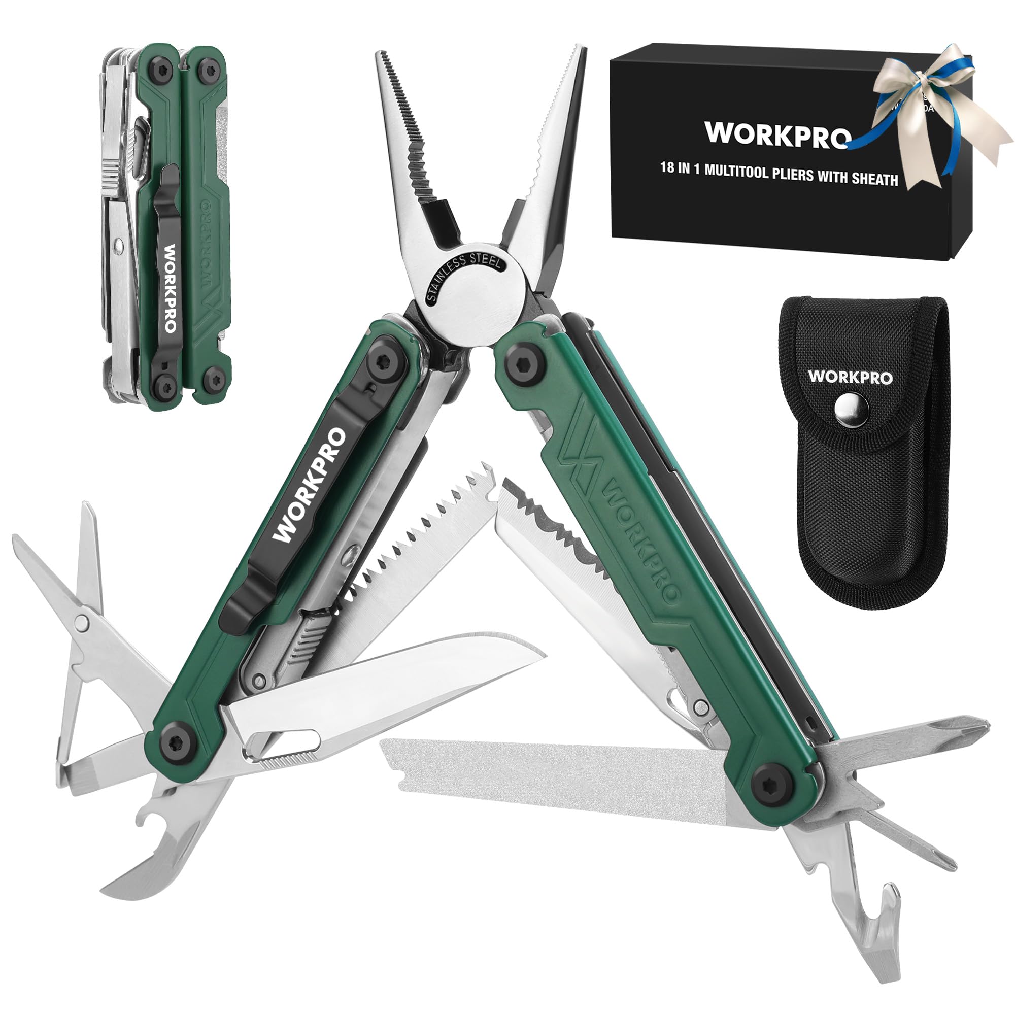 WORKPRO 18-in-1 Multi-Tool Pliers - Stainless Steel EDC Multitool with Pocket Knife, 2 Safety Locks & Belt Clip - Compact Oxford Pouch Included - Perfect for Camping, Hiking, Survival & Outdoor Adventures