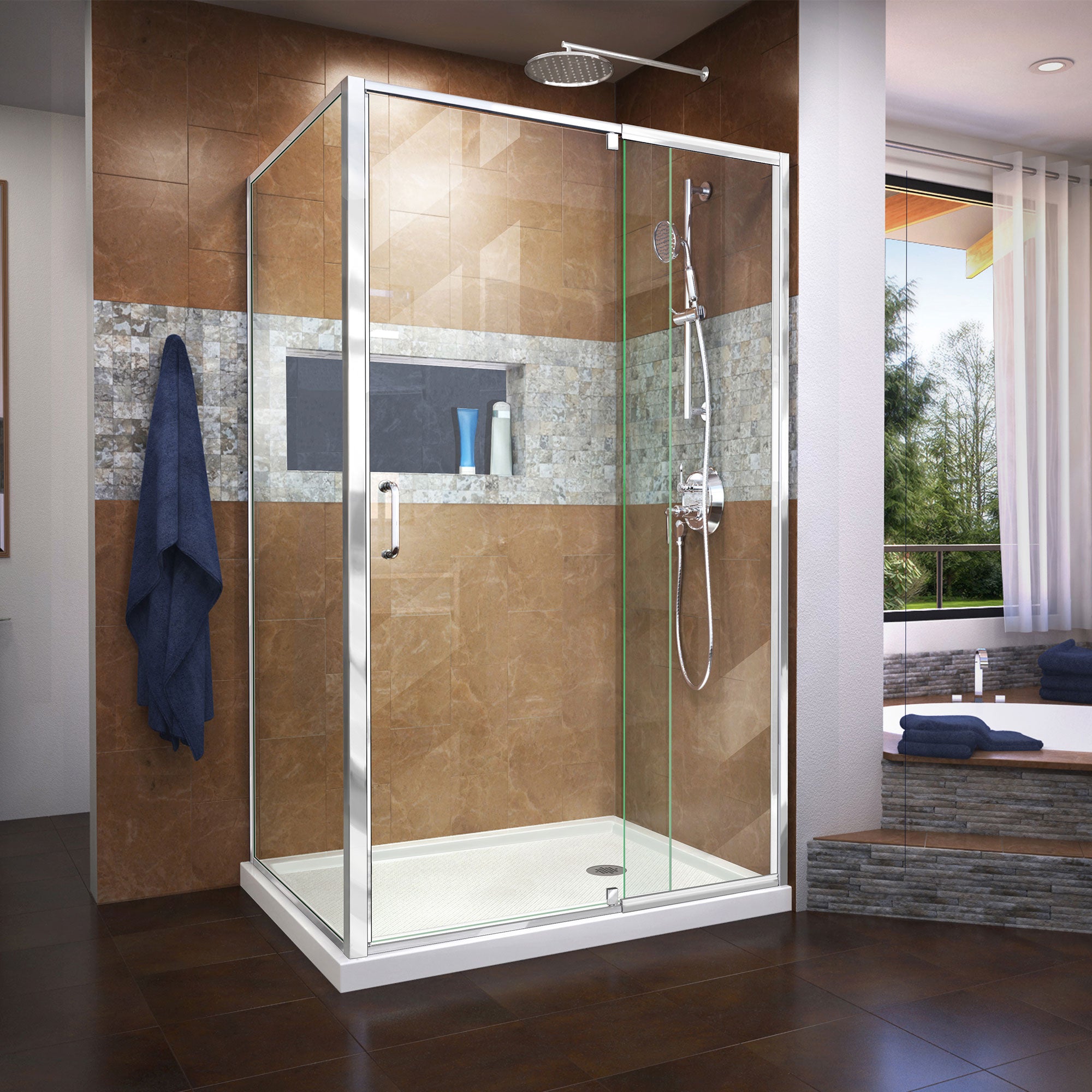 DreamLine Flex 36x48x74.75 Inch Semi-Frameless Pivot Shower Enclosure Kit with SlimLine Base - Modern Bathroom Upgrade for Small Spaces, Easy Installation for Home Renovation