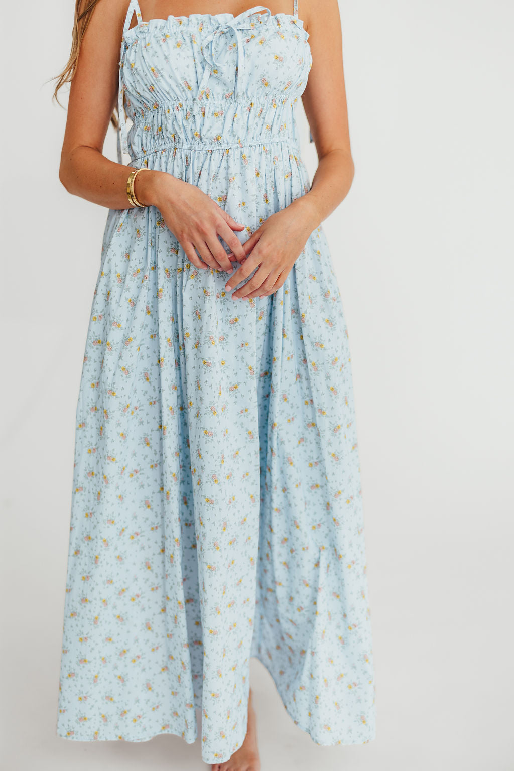 Powder Blue Lila Ruched Floral Maxi Dress for Women - Elegant Summer Beach Wedding Party Dress