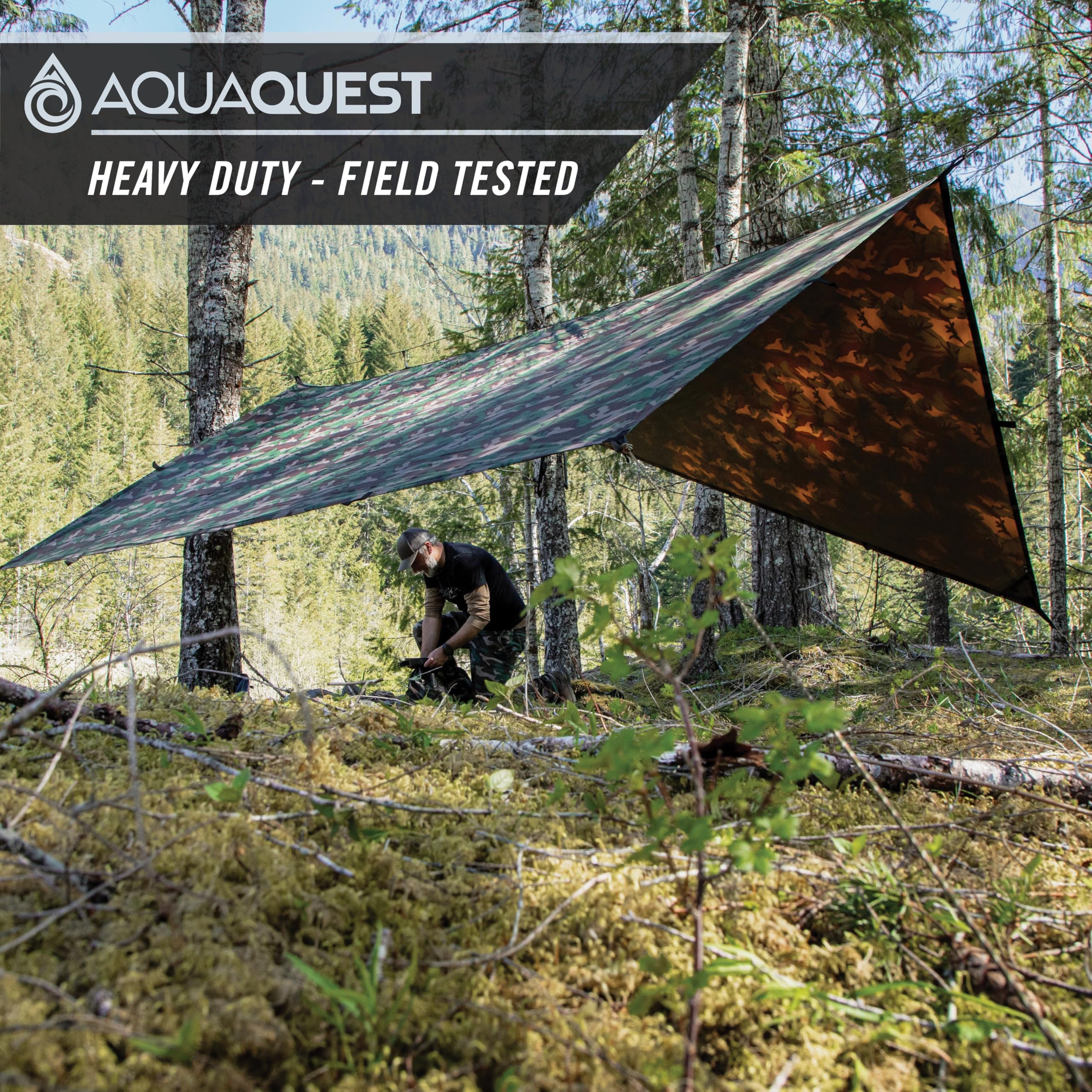 AquaQuest Defender Heavy Duty Waterproof Camping Tarp - All-Weather Tent Shelter & Rain Fly for Hiking, Bushcraft, Hammock - Perfect for Outdoor Adventures, Emergency Shelter & Backpacking Gear