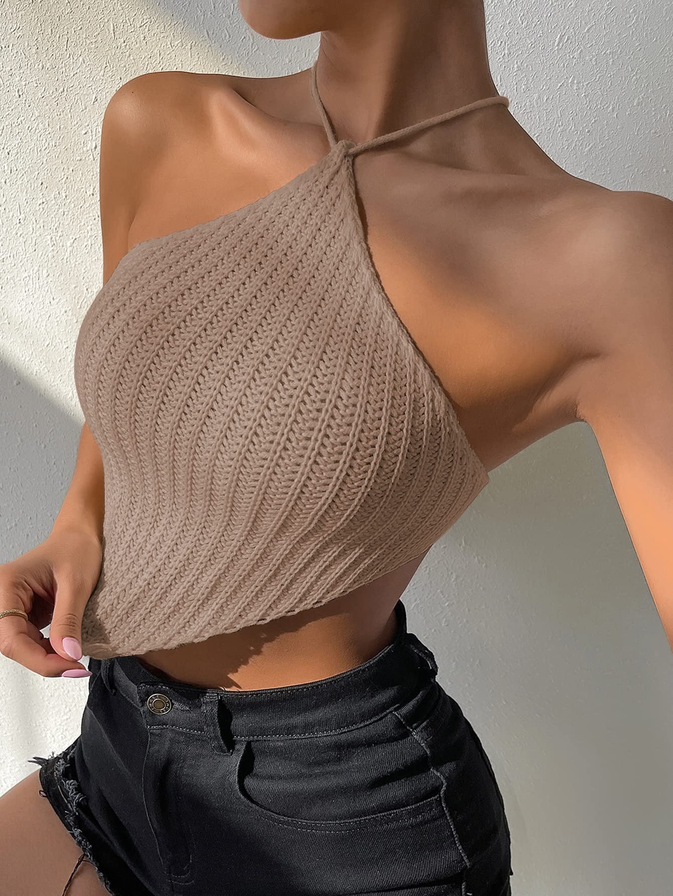 WDIRARA Women's Crisscross Tie Back Knit Crop Halter Top - Asymmetrical Bandana T-Shirt for Summer, Beach, Party | Sexy Casual Fashion Tops for Women
