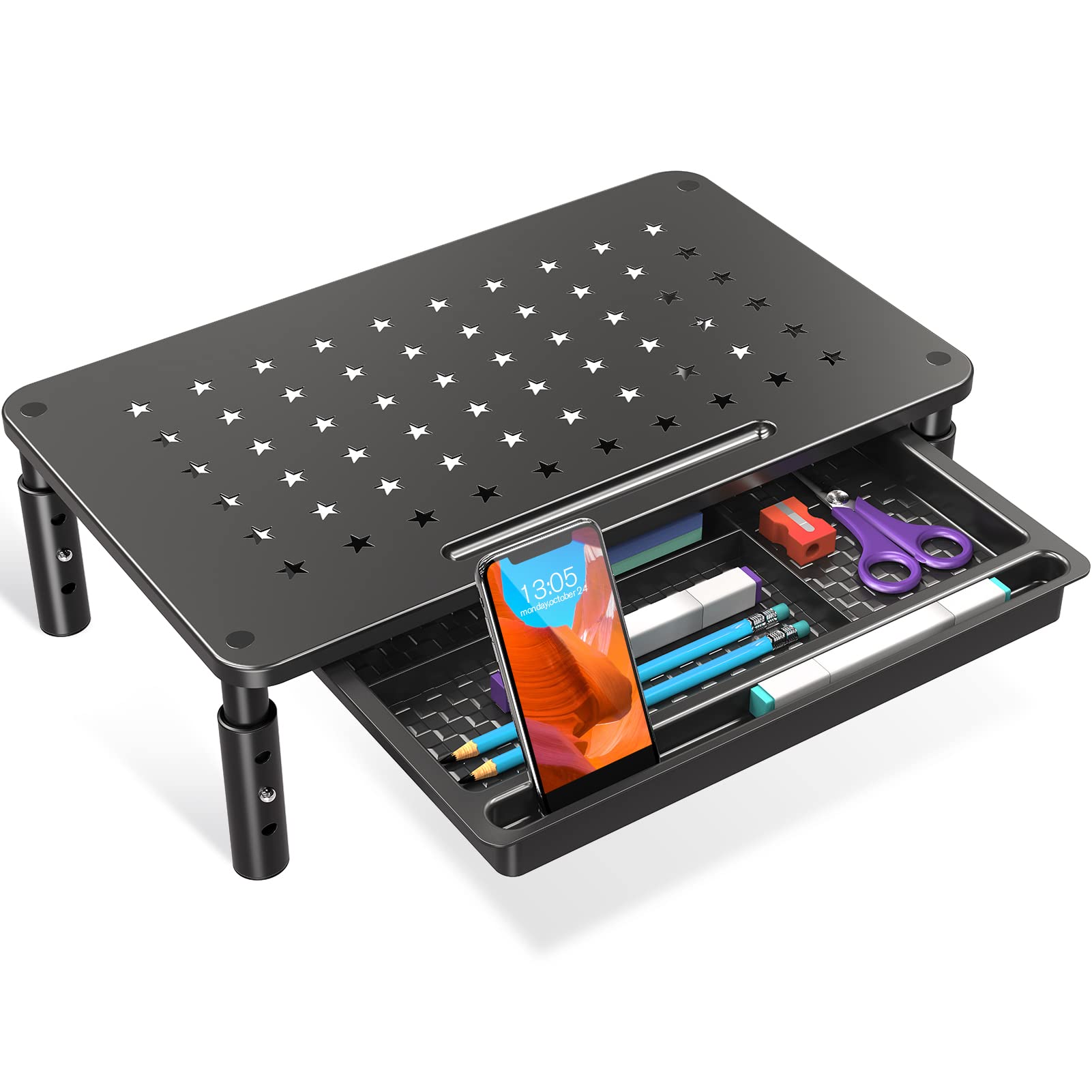 ELIVED Adjustable Monitor Stand Riser with Storage Drawer - 3 Height Settings for Computer, Laptop & Printer - Space-Saving Desk Organizer for Home & Office (Black, 1 Pack) - Perfect for Ergonomic Workspace Setup and Clutter-Free Desktop