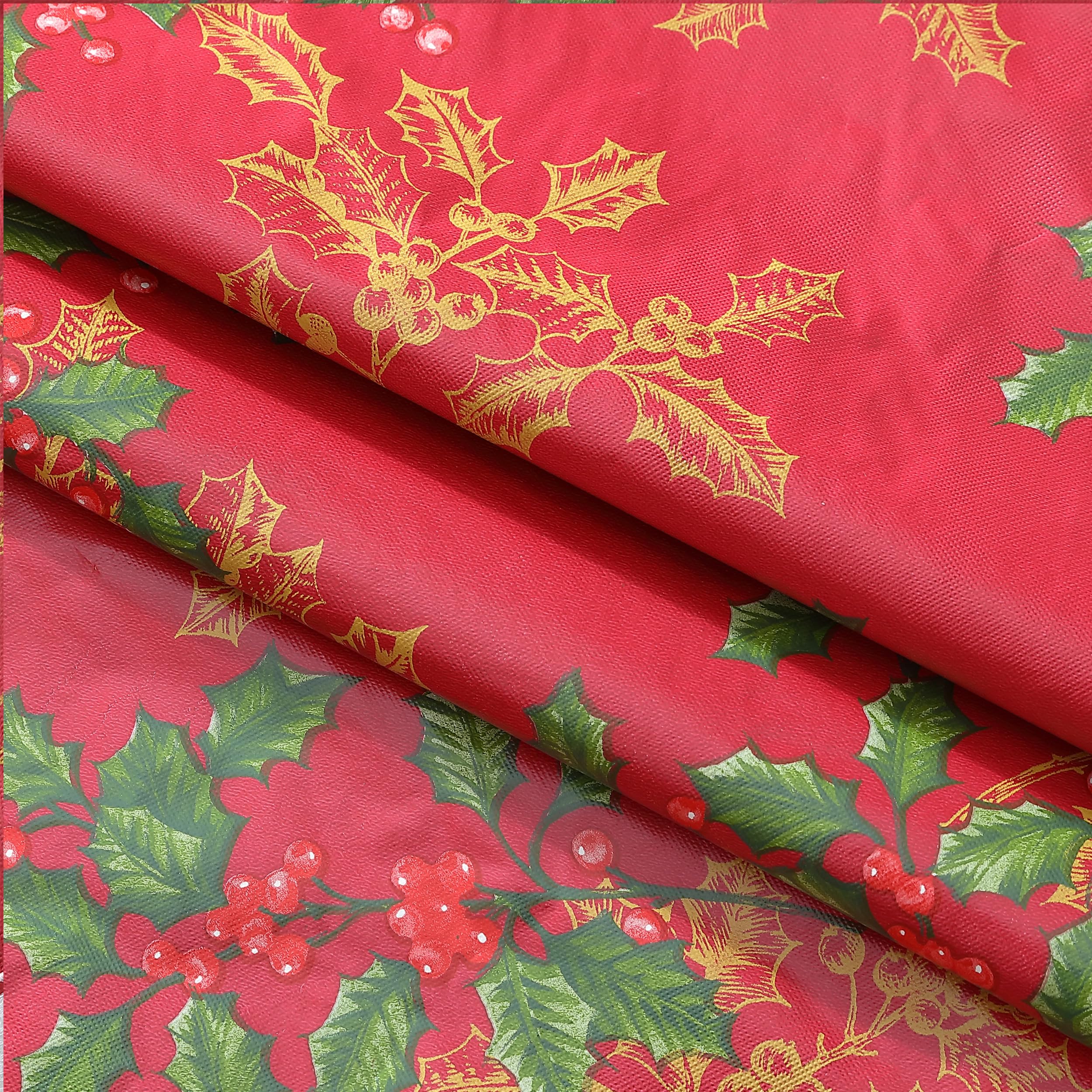 Newbridge Red Golden Holly & Berry Christmas Vinyl Tablecloth - Flannel Backed Holiday Table Cover with Wipe-Clean Easy Care Fabric, 70