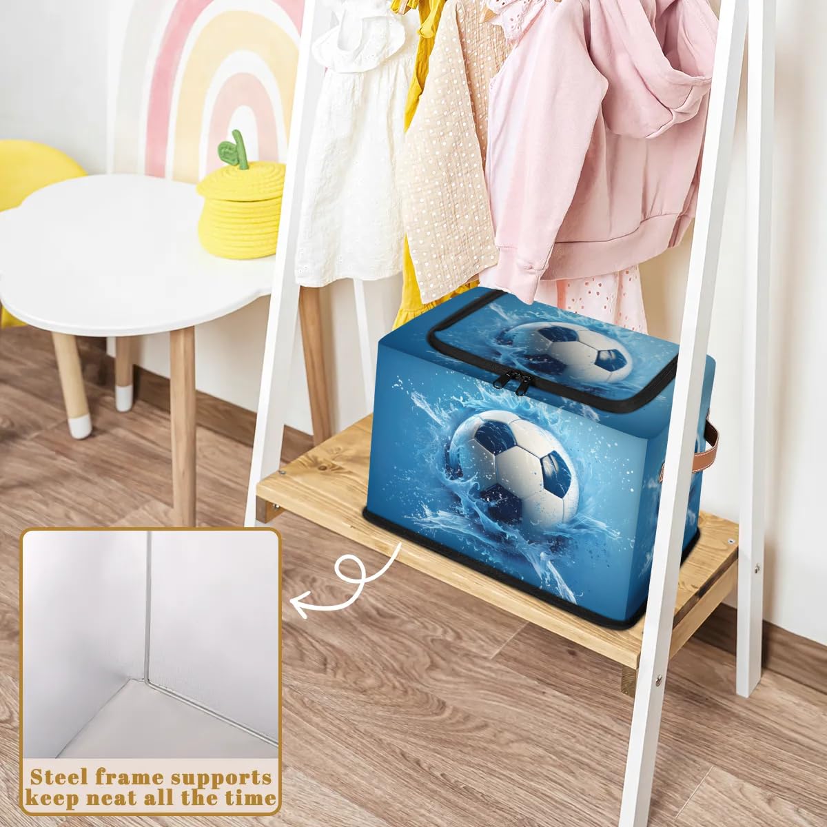 Football Storage Bins with Zipper Lid & Handle - 14.2x10.2x10 Inch Stackable Foldable Collapsible Storage Boxes - Set of 2 for Closet, Bedroom & Kids Room Organization