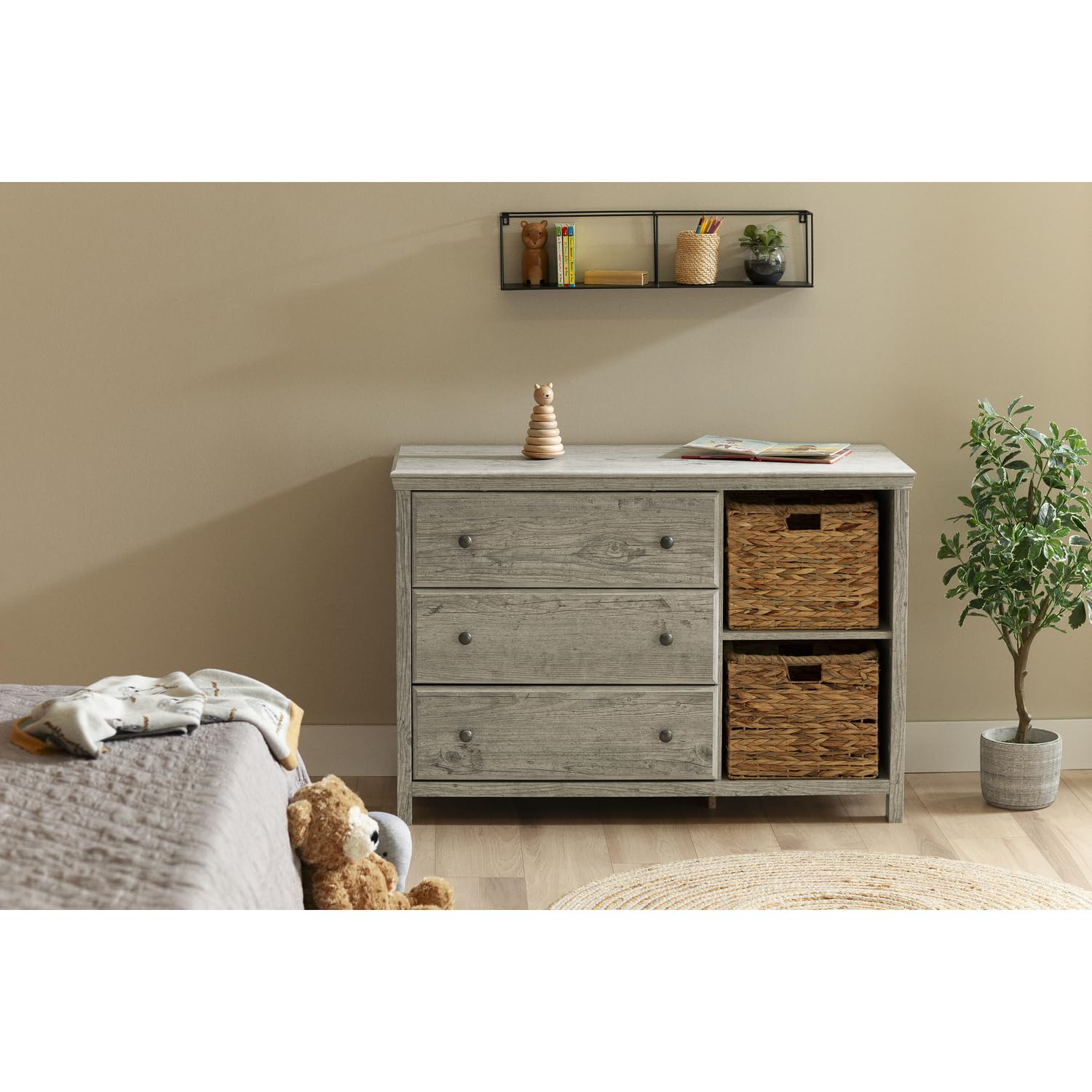 South Shore Cotton Candy 3-Drawer Dresser with Baskets in Seaside Pine - Modern Kids Bedroom Storage Solution for Clothes, Toys & Nursery Organization