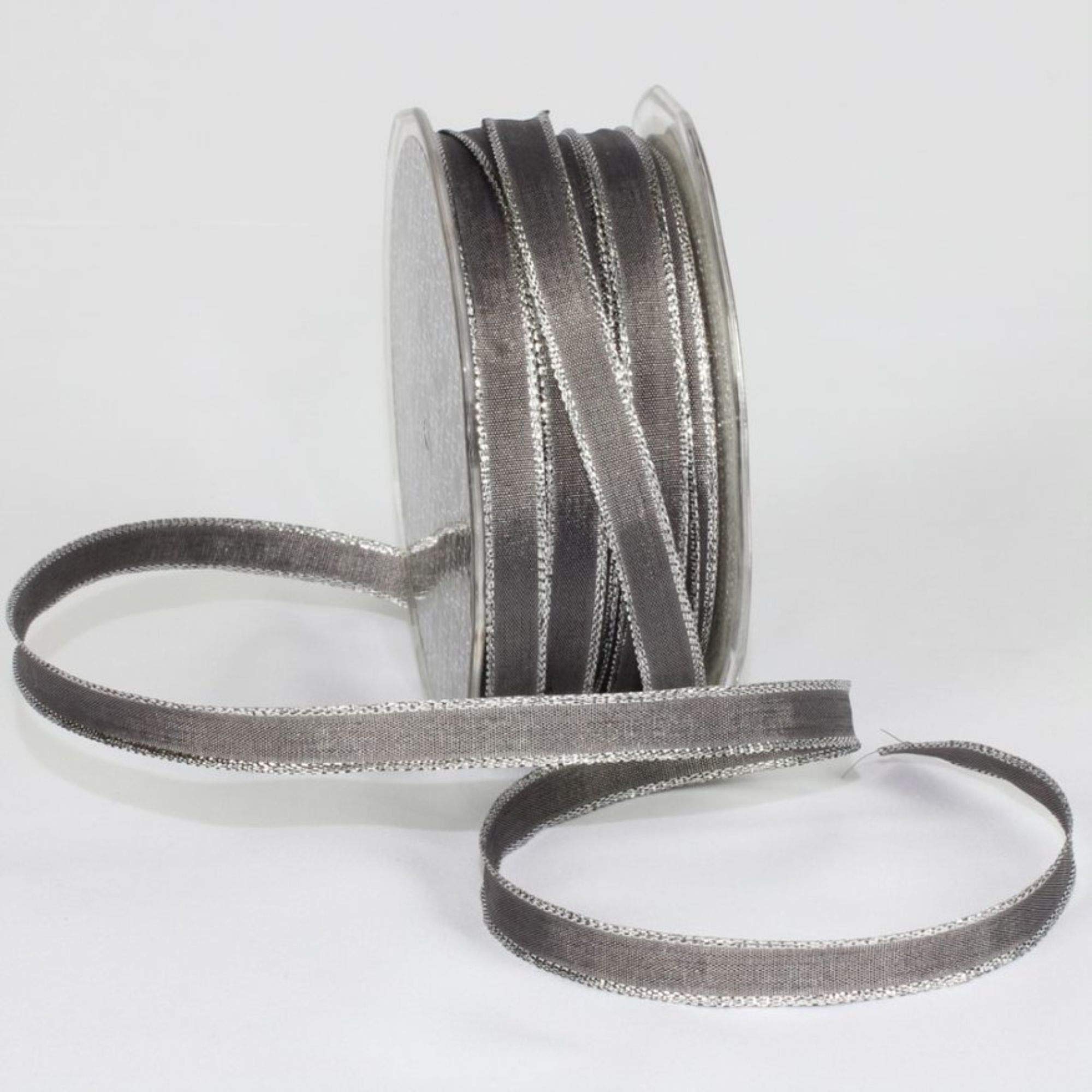 Silver Edge Grey Taffeta Wired Craft Ribbon - 9.5mm x 108 Yards for Gift Wrapping, DIY Crafts, and Floral Arrangements
