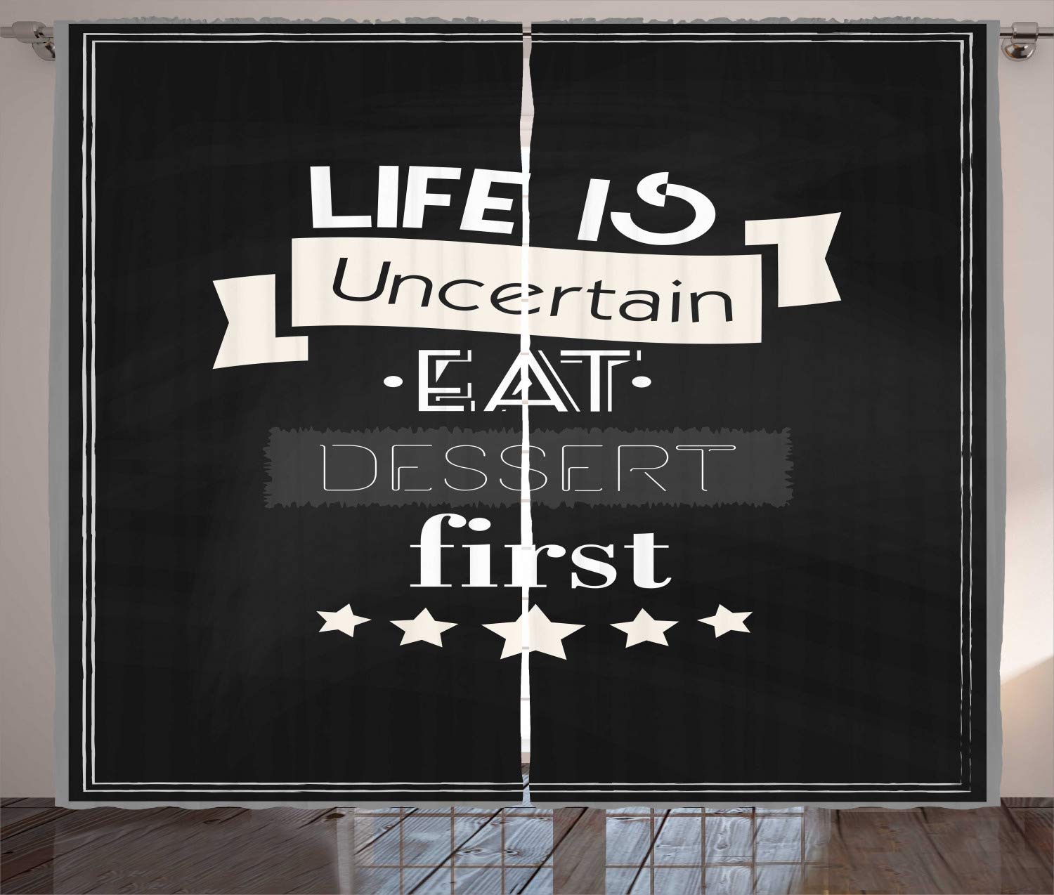 Ambesonne Eat Dessert First Blackout Curtains - Modern Star Pattern with Inspirational Food Quote - 108x84 Inch 2 Panel Set for Living Room & Bedroom - Charcoal Grey & White - Perfect for Home Decor & Gift Giving