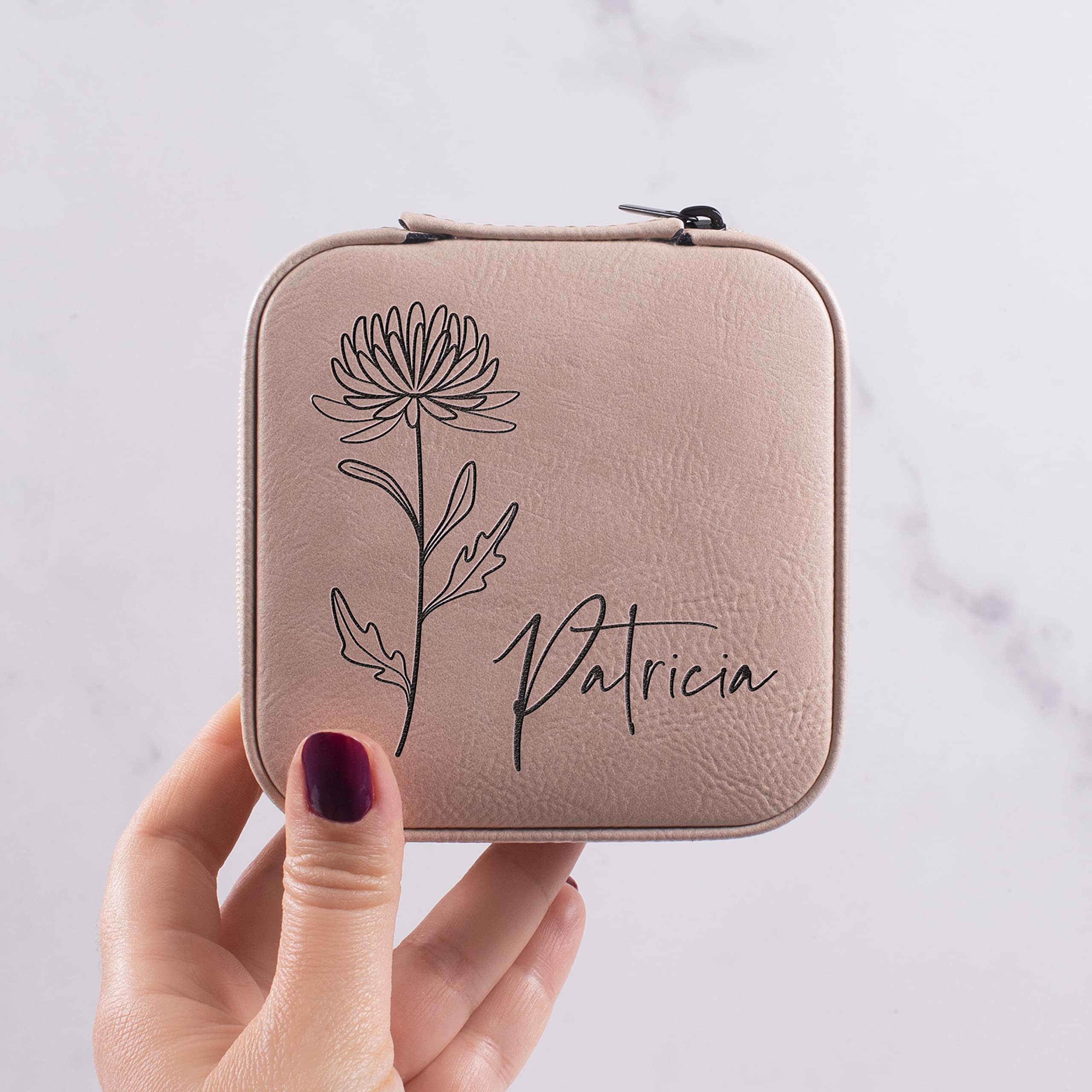 Personalized Leather Jewelry Box with Name & Birth Flower Engraving - Custom Jewelry Organizer Travel Case for Women | Birthday Gift for Mom, Wife, Girlfriend | Perfect for Travel, Home Storage & Special Occasions