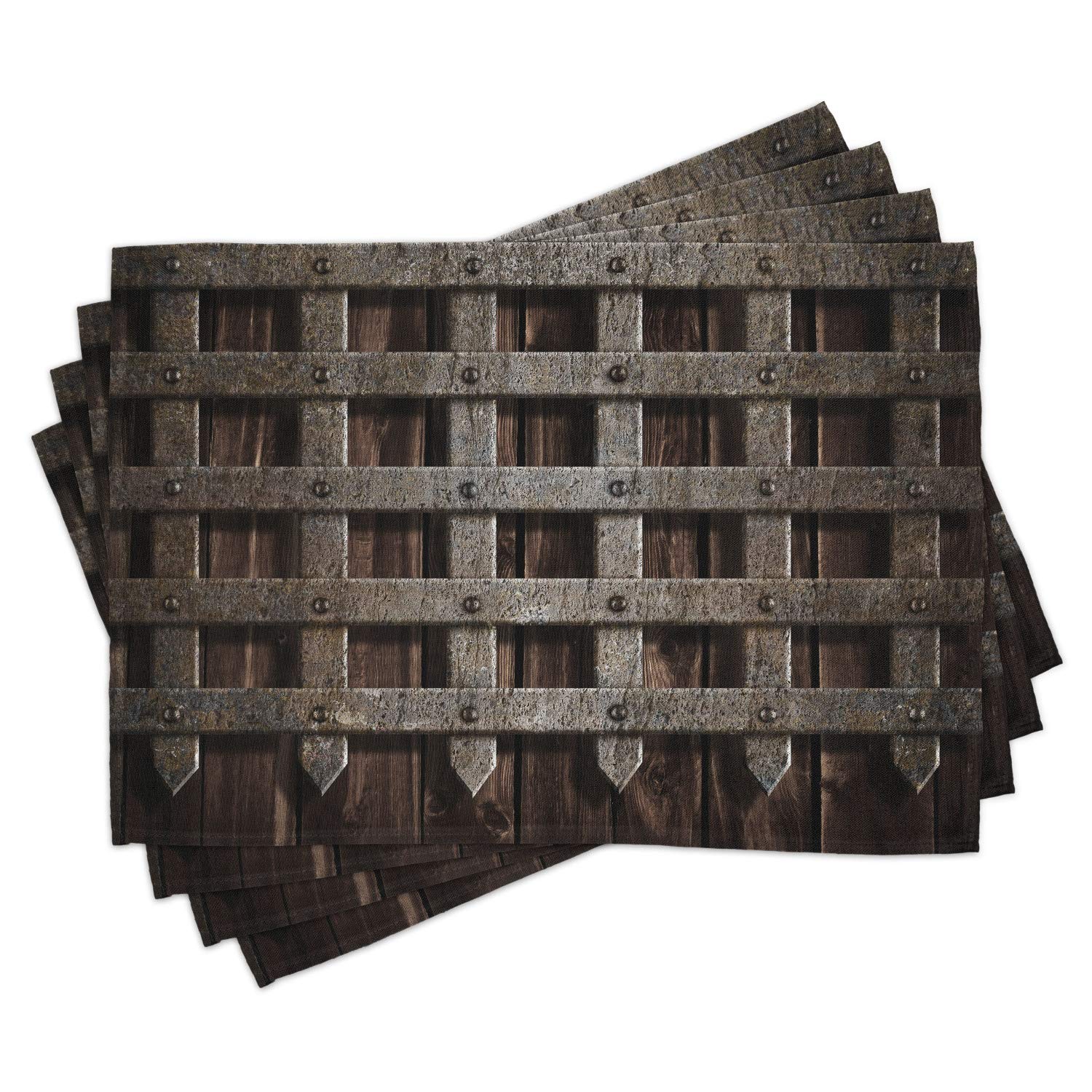 Lunarable Medieval Place Mats Set of 4 - Wooden Castle Wall & Gate Greek Style Mid-Century Art Print - Washable Fabric Dining Table Mats - Standard Size Dimgrey - Perfect for Medieval Theme Dinners & Greek Decor