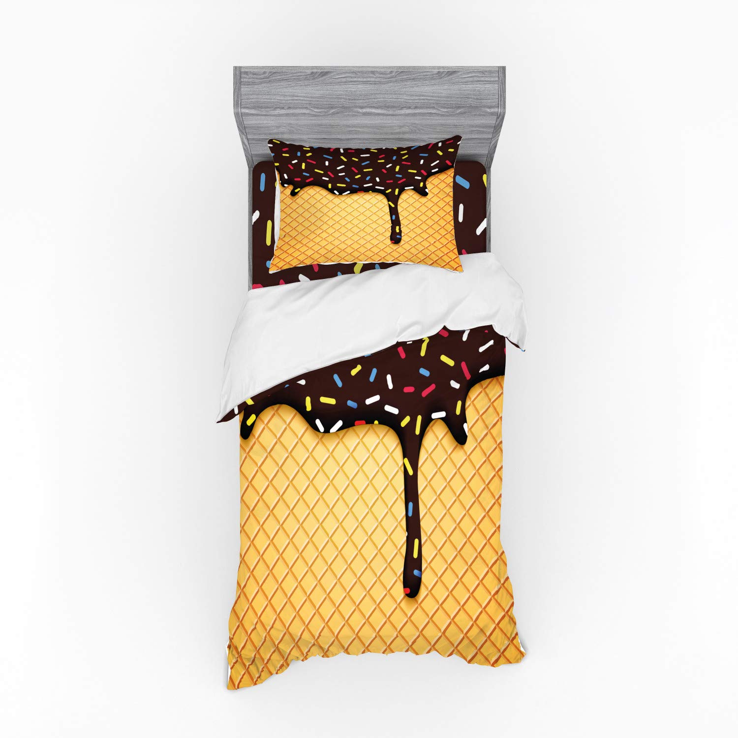 Ambesonne Ice Cream Duvet Cover Set - Waffle Chocolate Flavor Dessert Design, 3-Piece Bedding Set with Sham & Fitted Sheet, Twin Size, Dark Brown Mustard - Perfect for Kids' Rooms, Sweet Themed Bedrooms & Dessert Lovers