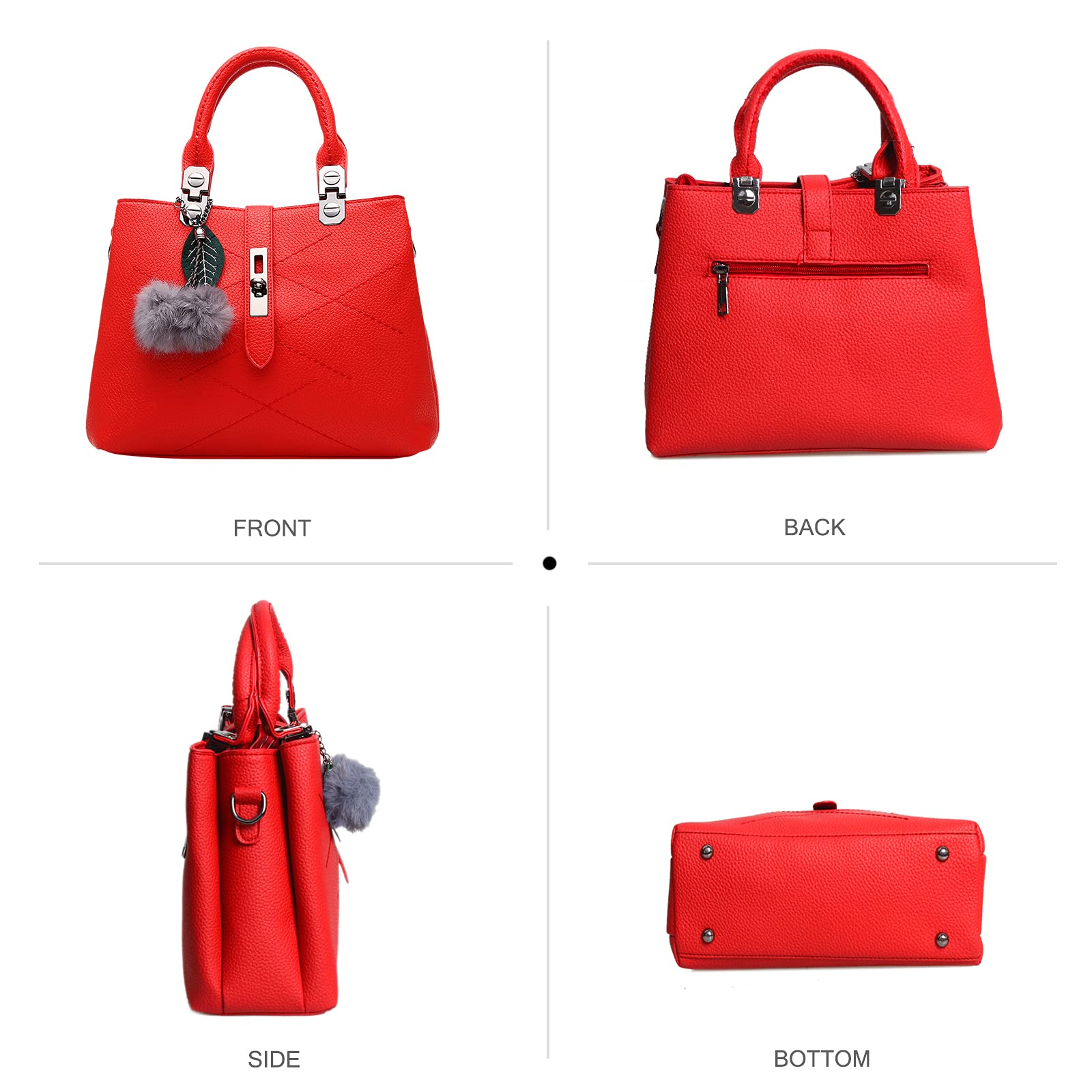 NICOLE & DORIS Women's Waterproof PU Leather Handbag - Stylish Messenger Tote Shoulder Bag with Pompom Pendant for Work, Travel & Daily Use (Scarlet)