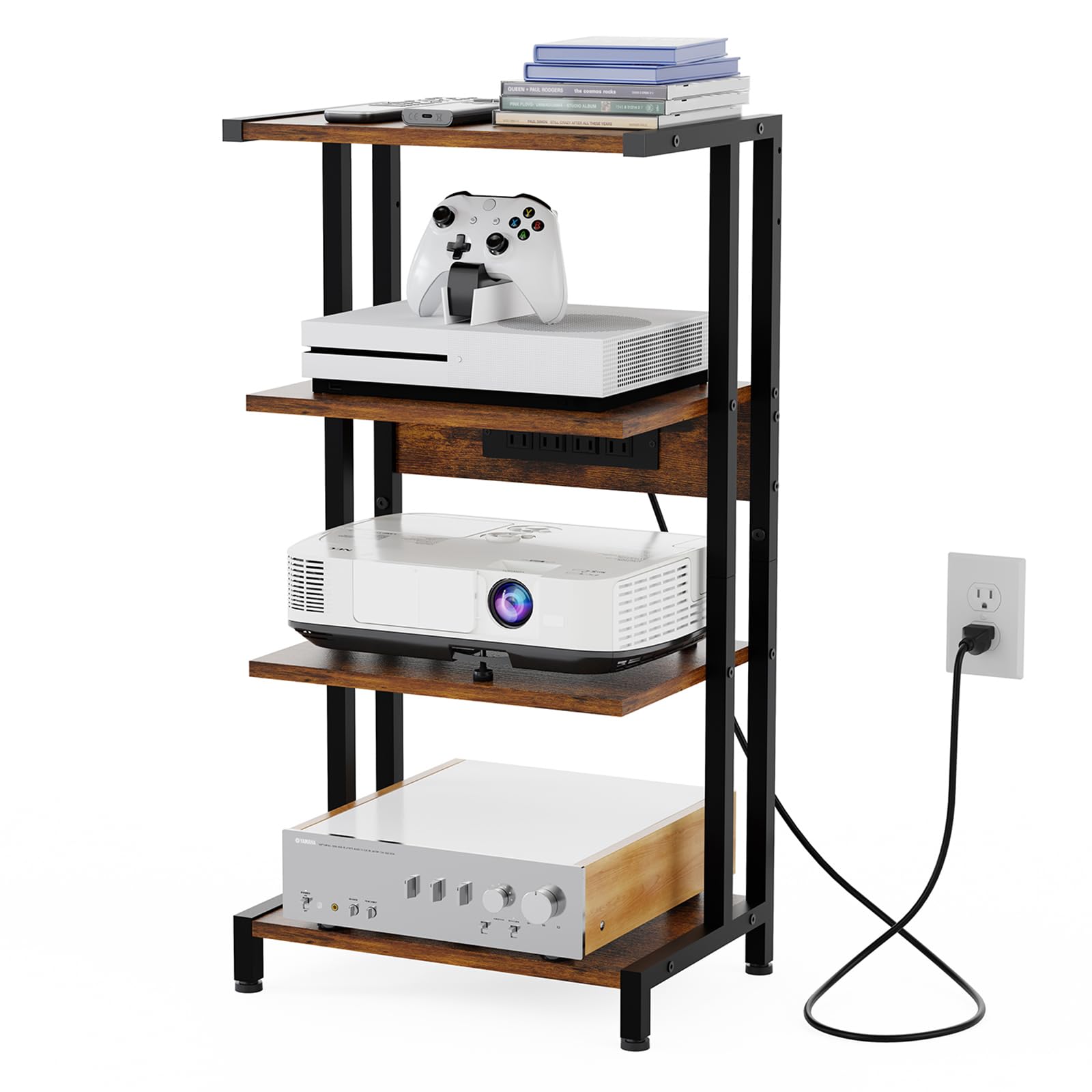 X-cosrack 4-Tier Wooden AV Media Stand with Built-in Power Strips - Corner Shelf Cabinet for Stereo, DVD Player, Game Console, TV Box, Cable Box, Xbox & WiFi Router - Perfect for Living Room & Home Theater Setup