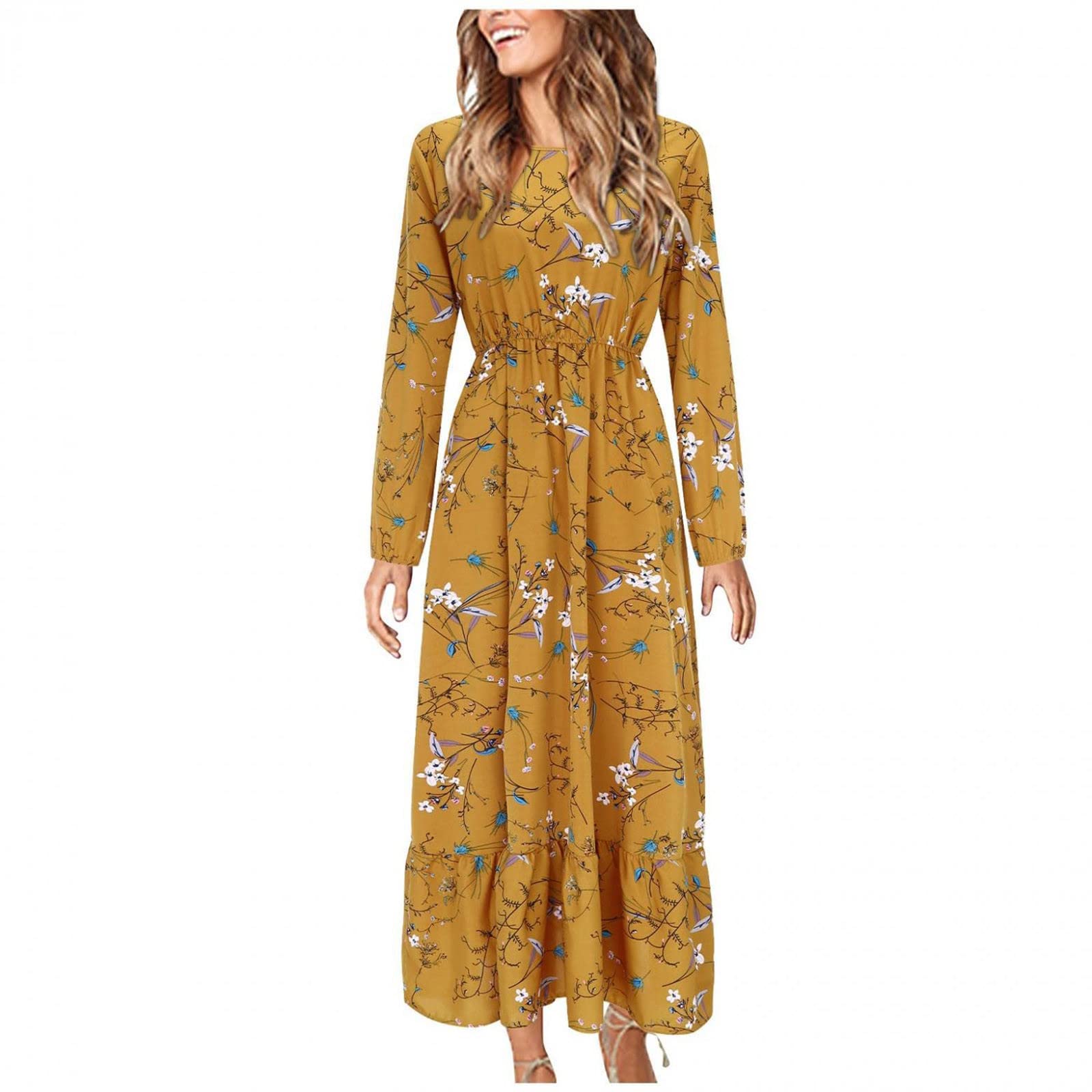 Jsarle Women's Sexy Long Sleeve Boho Floral Maxi Dress - Summer Round Neck Casual Party & Wedding Guest Dress - Perfect for Beach Vacations, Date Nights & Special Occasions