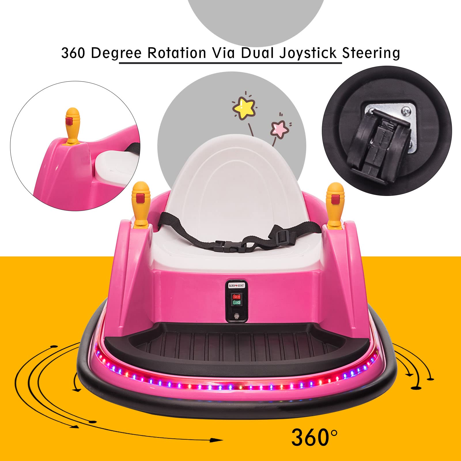 **6V Battery Powered Kids Ride on Bumper Car with Remote Control - Electric Toy Vehicle with Music, Safety Belt, LED Lights & 360° Spin - Perfect for Indoor/Outdoor Play - Ideal Gift for Boys & Girls (Pink)**