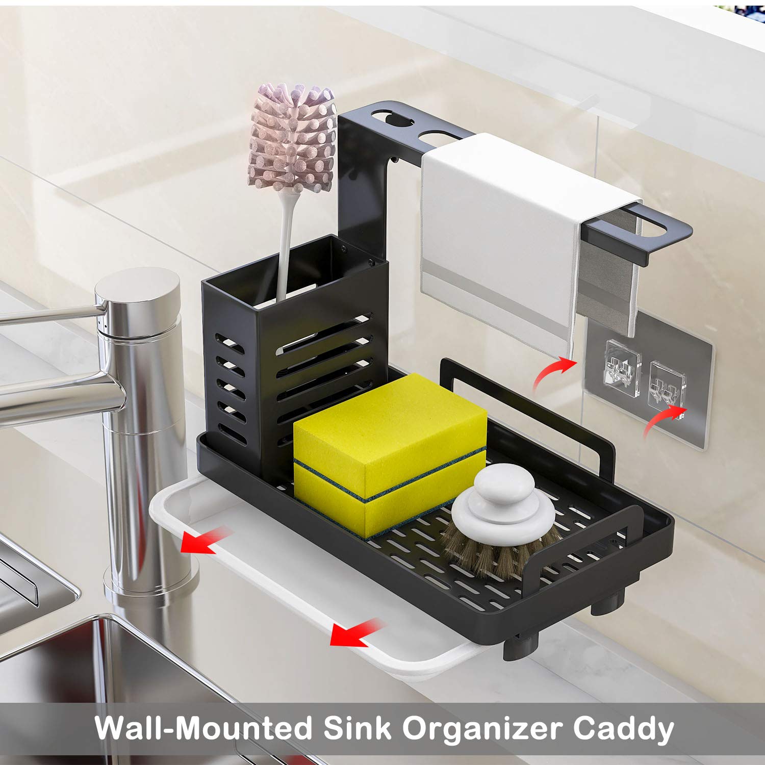 MKO Kitchen Sink Organizer Caddy - Sponge, Soap, Brush & Dishcloth Holder with Drain Pan - Countertop Storage for Kitchen Sink Accessories (Black) - Perfect for Small Kitchen Organization & Decluttering