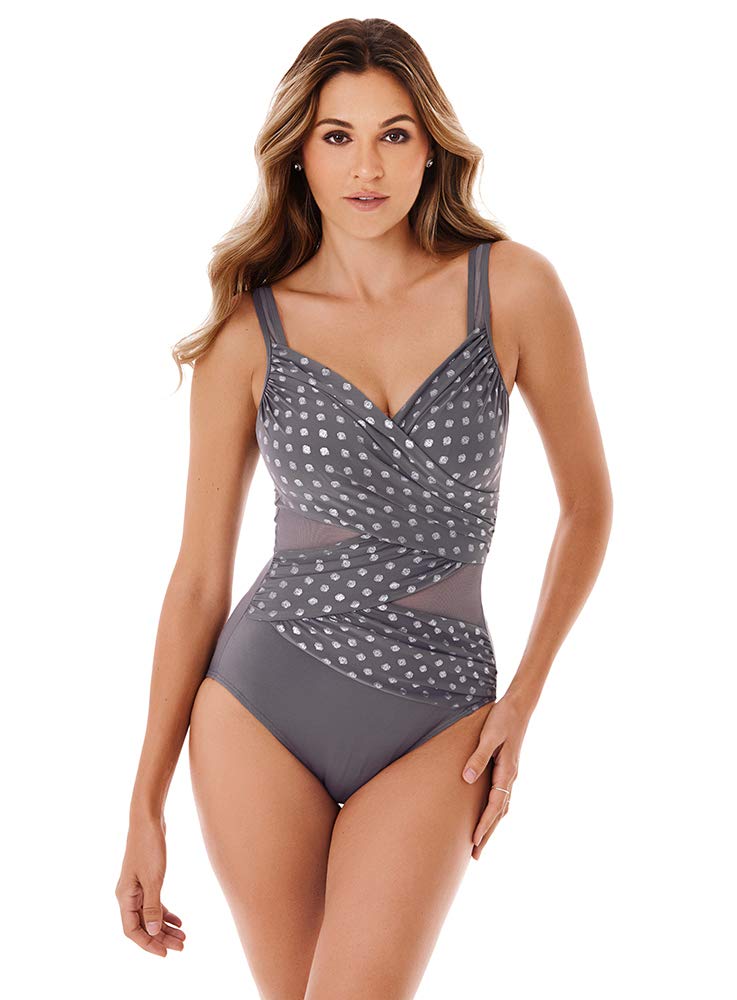 Miraclesuit Perla Madero One Piece Swimsuit - Silver Grey Size 12 | Tummy Control Slimming Bathing Suit for Women | Perfect for Pool, Beach & Vacation