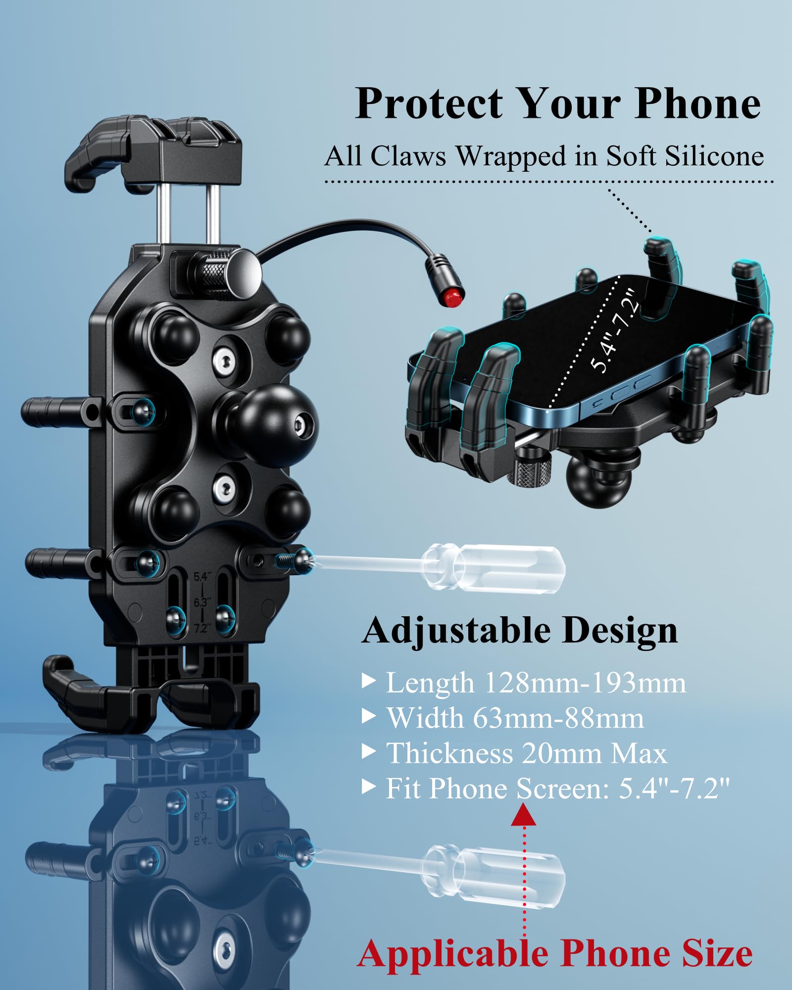 BRCOVAN Motorcycle Phone Mount with Qi 15W Wireless Charger & 30W PD/USB-C Fast Charging - Anti-Theft Handlebar Phone Holder with Vibration Dampener for 5.4''-7.2'' Smartphones - Perfect for Adventure Riding, Commuting & GPS Navigation