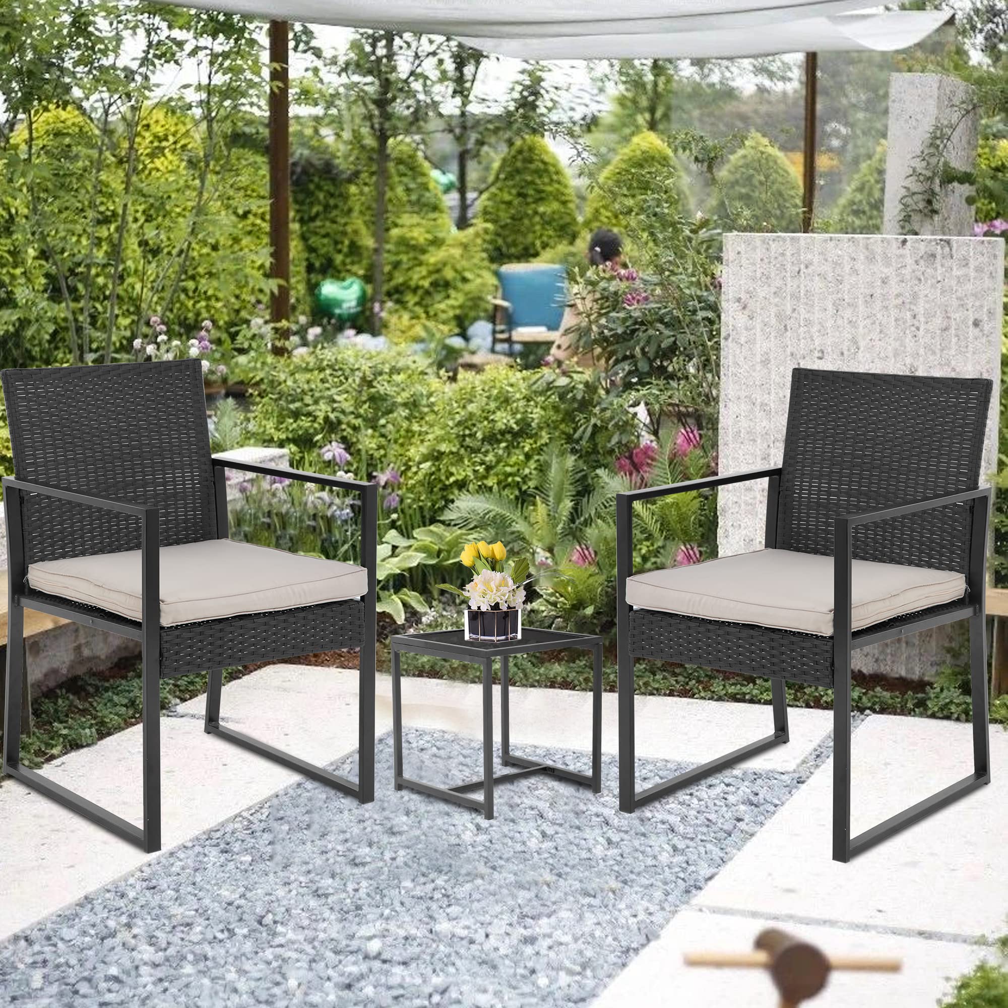 FDW 3-Piece Outdoor Wicker Patio Furniture Set - Rattan Bistro Chairs & Coffee Table Conversation Set for Backyard, Porch, Poolside, Lawn & Garden - Perfect for Relaxing, Entertaining & Outdoor Dining
