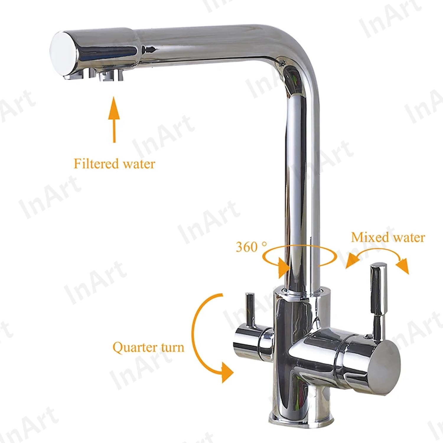 High-Quality InArt Kitchen Sink Faucet with 360° Swivel Spout | Brass Construction | 3-Way Water Filter | Dual Lever Control | Deck Mounted Chrome Finish | Perfect for Modern Kitchens & Food Prep Areas