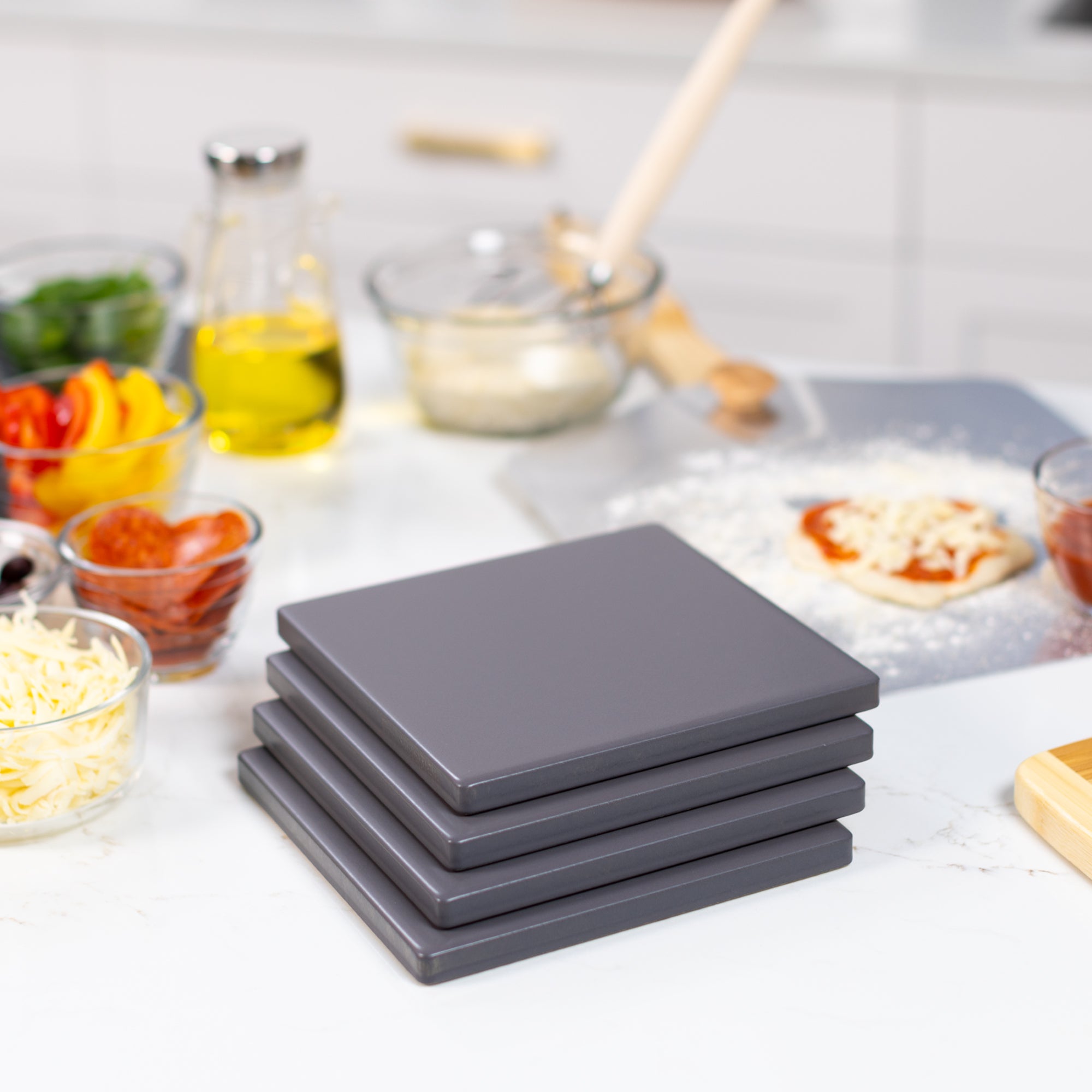 Premium 4-Piece Glazed Cordierite Square Pizza Stone Set - 7.5x7.5 Inch Grey Baking Stone for Perfect Homemade Pizza, Bread & Pastry - Ideal for Oven, Grill & Outdoor Cooking