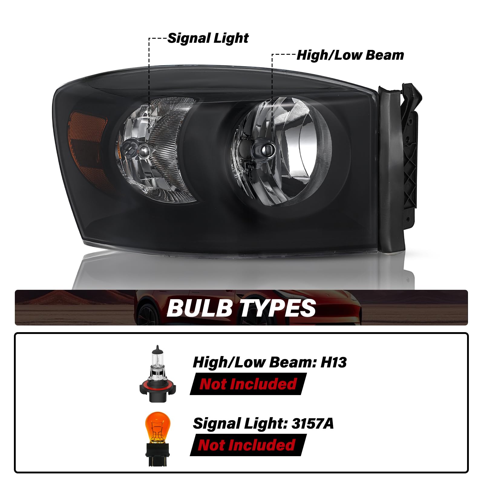BRYGHT Anti-Fog Headlight Assembly for 2006-2008 Dodge Ram 1500 & 2006-2009 Ram 2500/3500 - Smoke Lens & Amber Reflector - OE Style Replacement - Enhanced Night Driving Safety