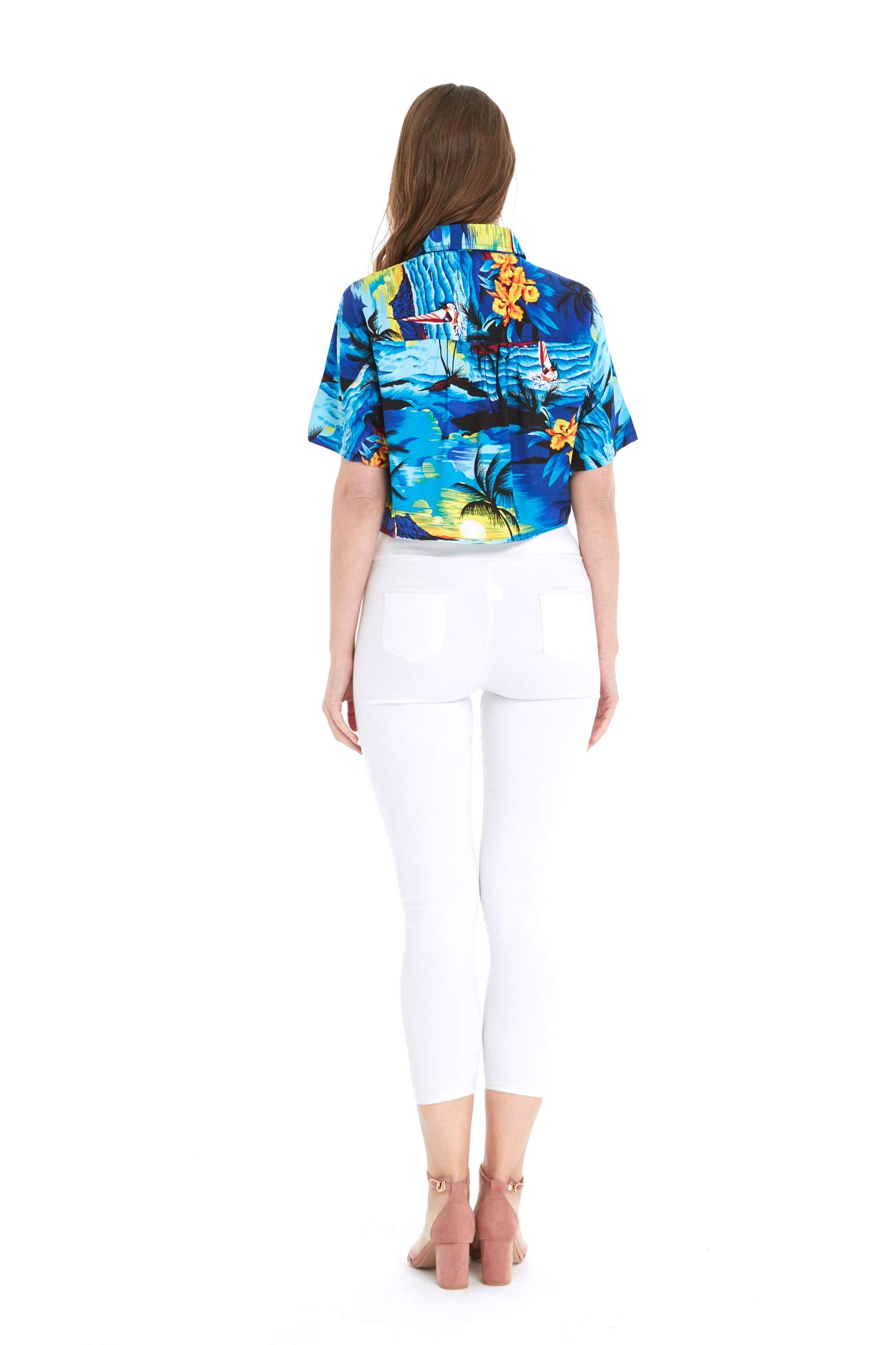 Women's Hawaiian Tie Front Crop Top Aloha Shirt in Sunset Print - Tropical Vacation Outfit for Beach Party & Summer Fashion