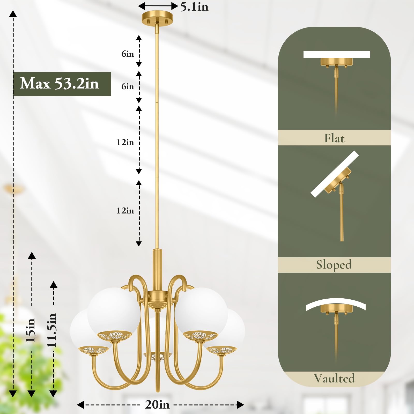 BesLowe Gold Chandelier - 5-Light Mid Century Modern Brass Chandelier for Dining Room, Kitchen Island & Living Room | Adjustable Height Globe Ceiling Light Fixture | Perfect for Entryway, Foyer & Home Decor